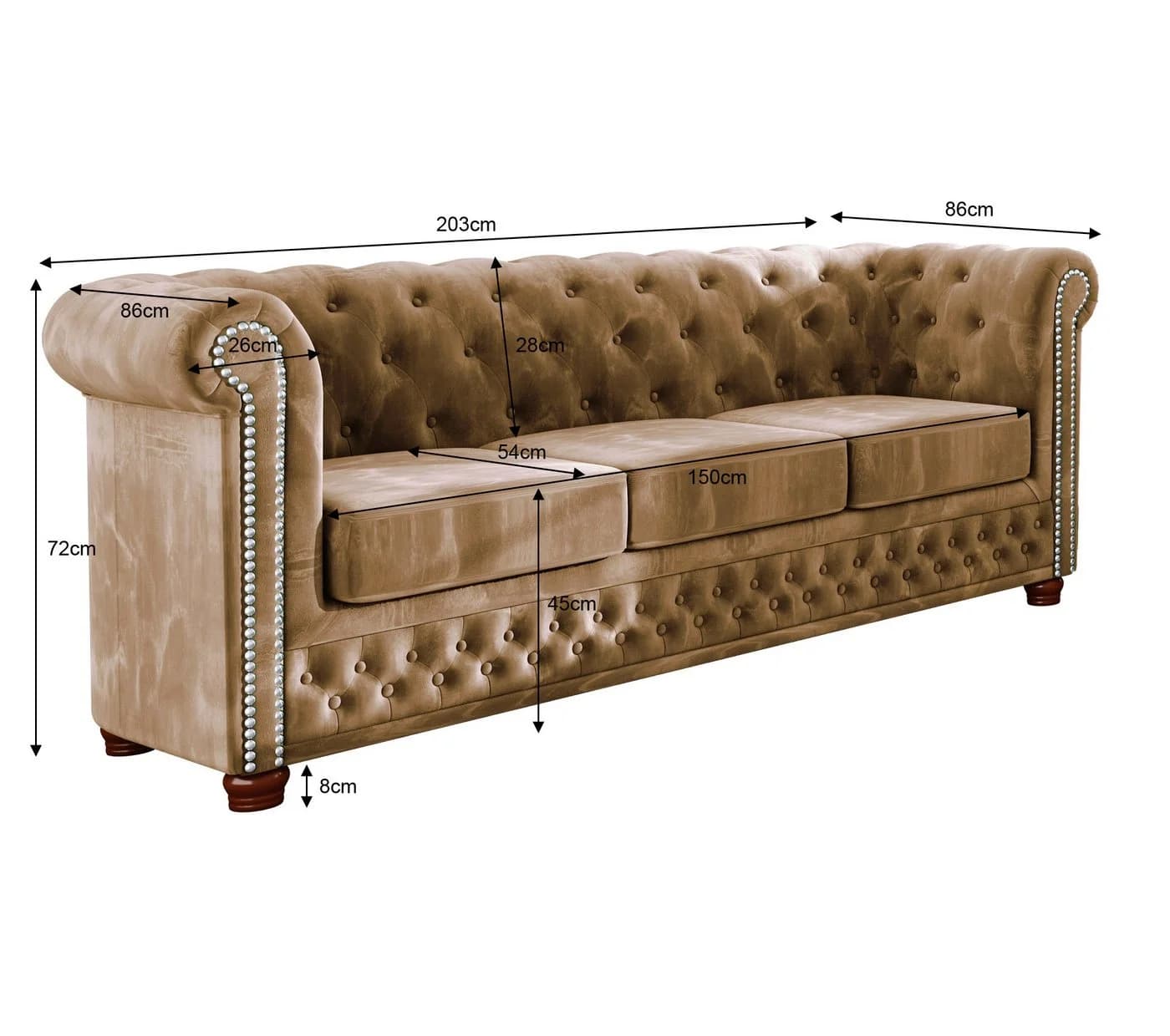 S-Style Möbel Chesterfield-Sofa Leeds 3-Sitzer Beige Samtstoff - Bild 5