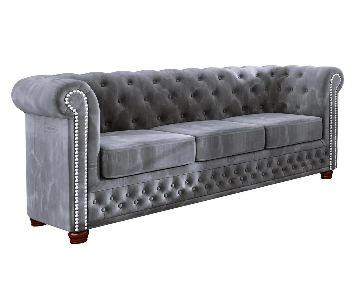 S-Style Möbel Chesterfield-Sofa Leeds 3-Sitzer Grau Samt
