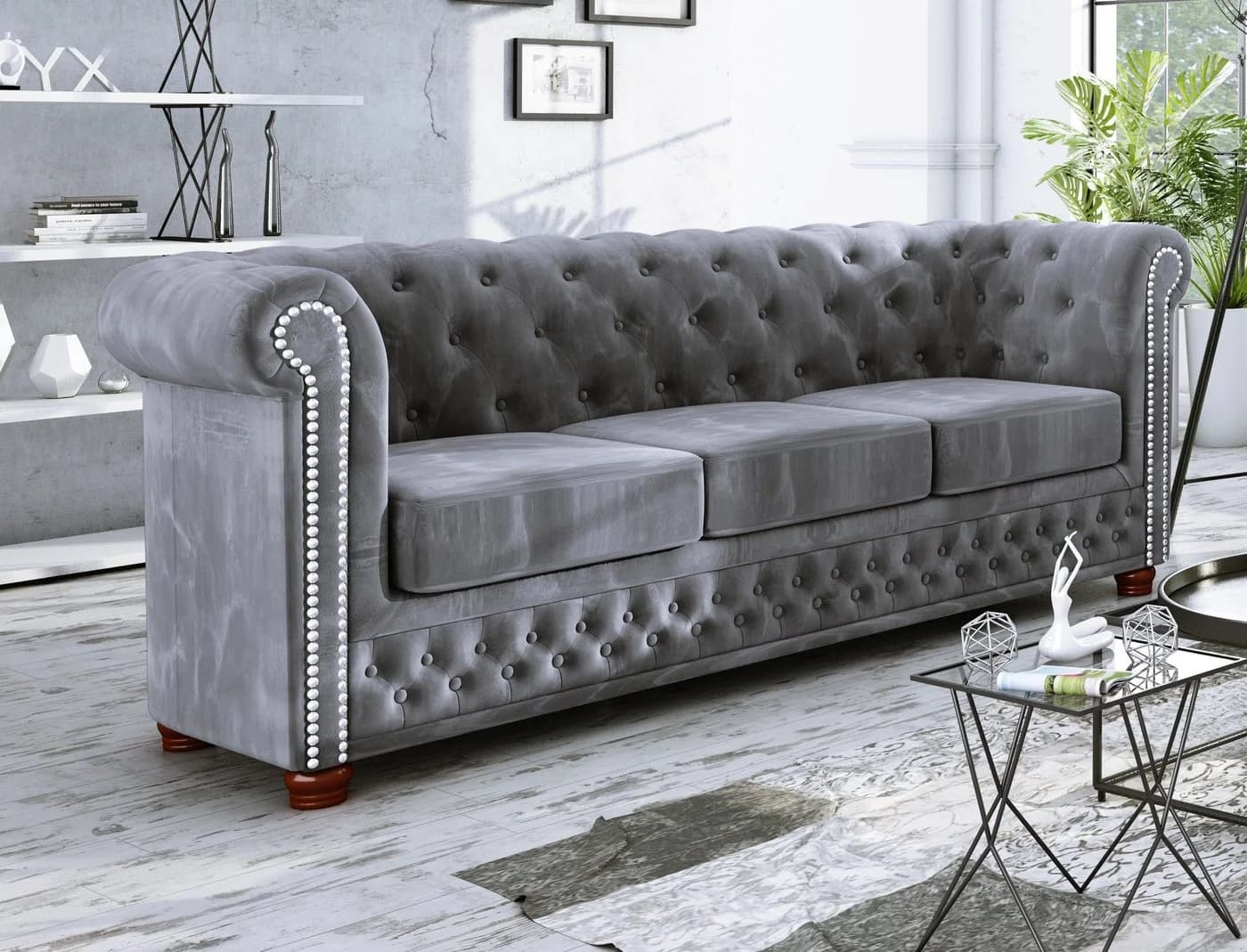S-Style Möbel Chesterfield-Sofa Leeds 3-Sitzer Grau Samt - Bild 2