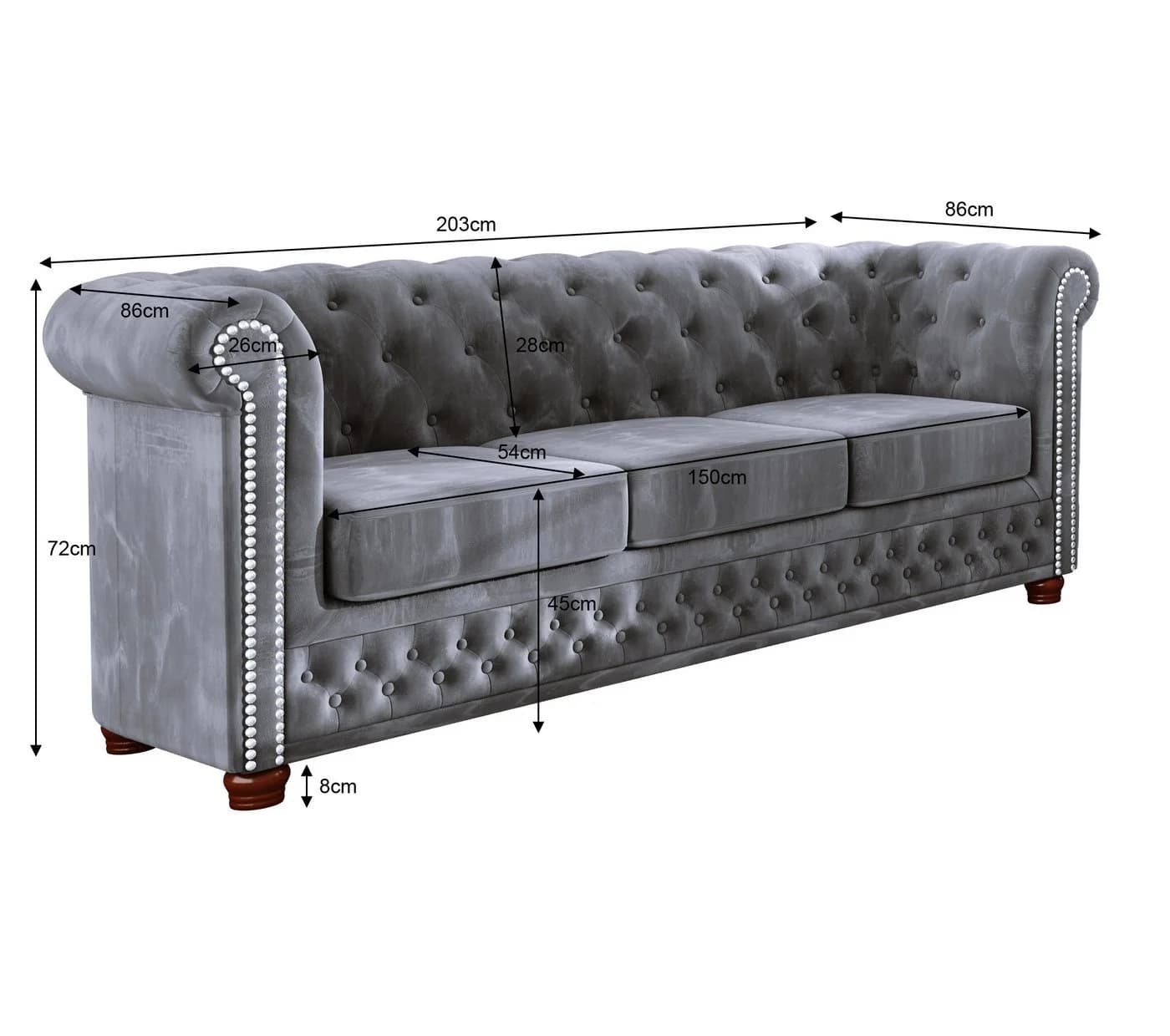 S-Style Möbel Chesterfield-Sofa Leeds 3-Sitzer Grau Samt - Bild 5