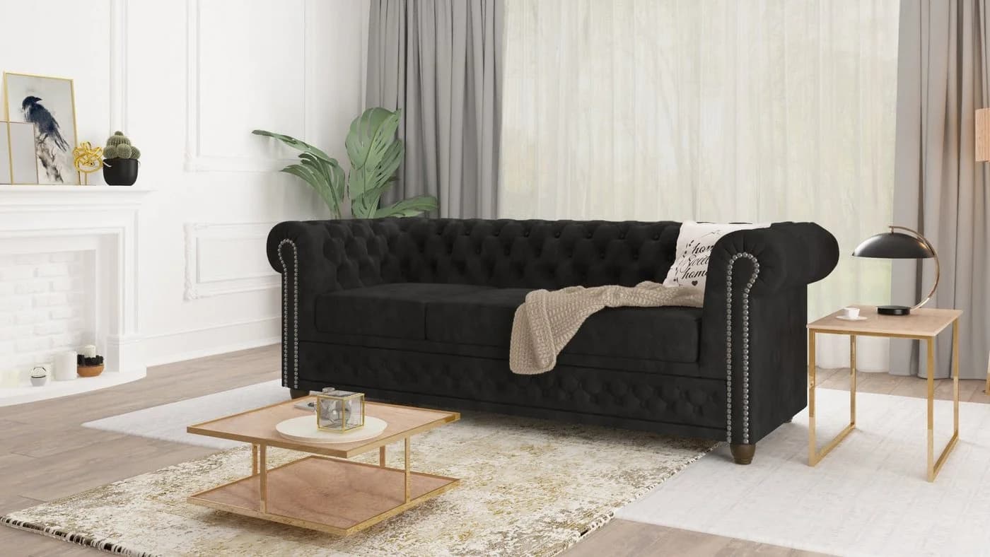 S-Style Möbel Chesterfield-Sofa Leeds 3-Sitzer Samt Schwarz - Bild 5