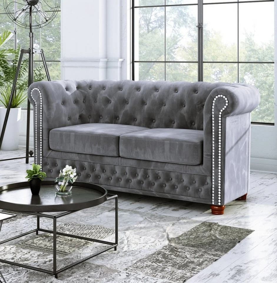 S-Style Möbel Chesterfield-Sofa Leeds 2-Sitzer Grau Samt - Bild 2