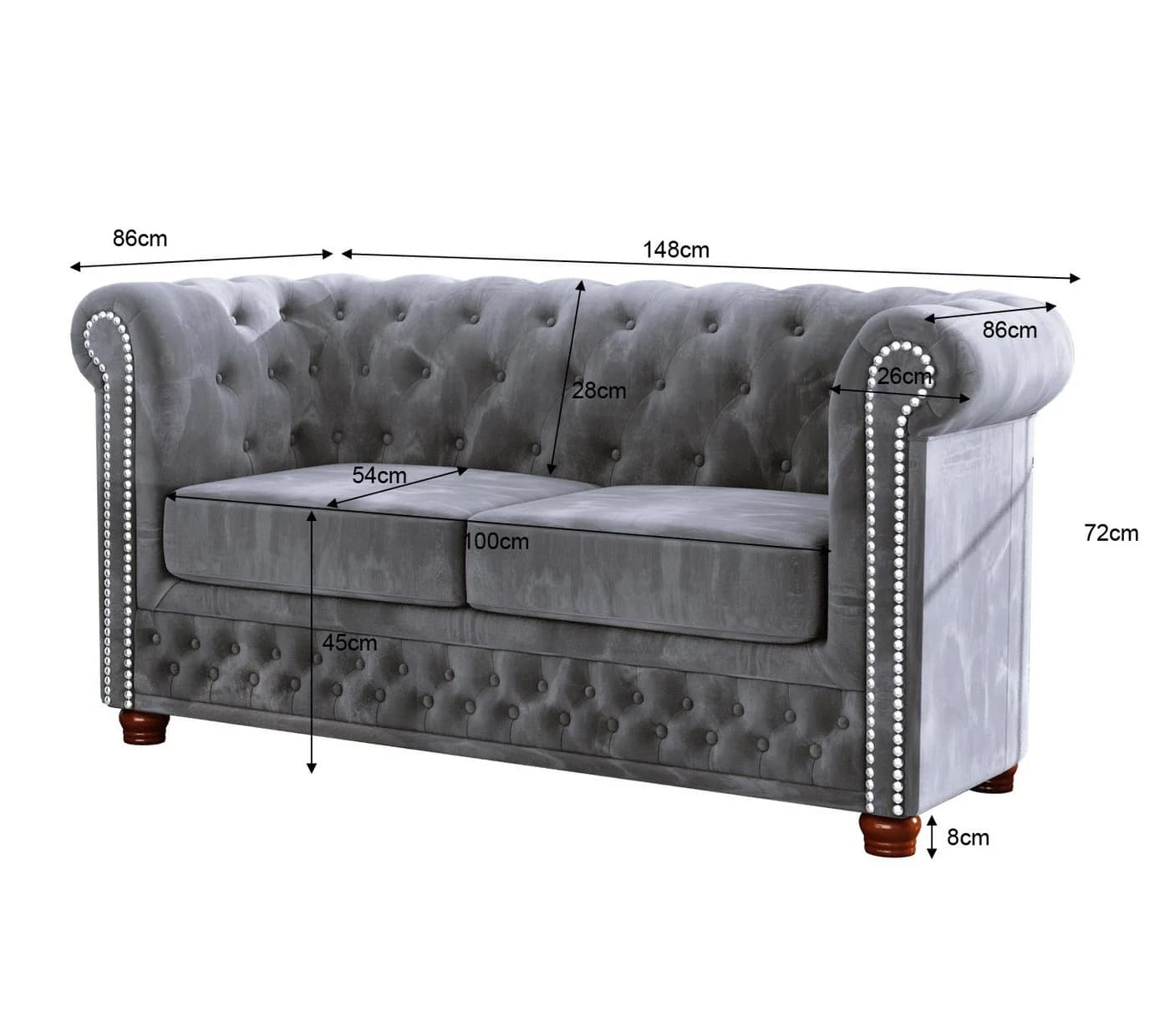 S-Style Möbel Chesterfield-Sofa Leeds 2-Sitzer Grau Samt - Bild 5
