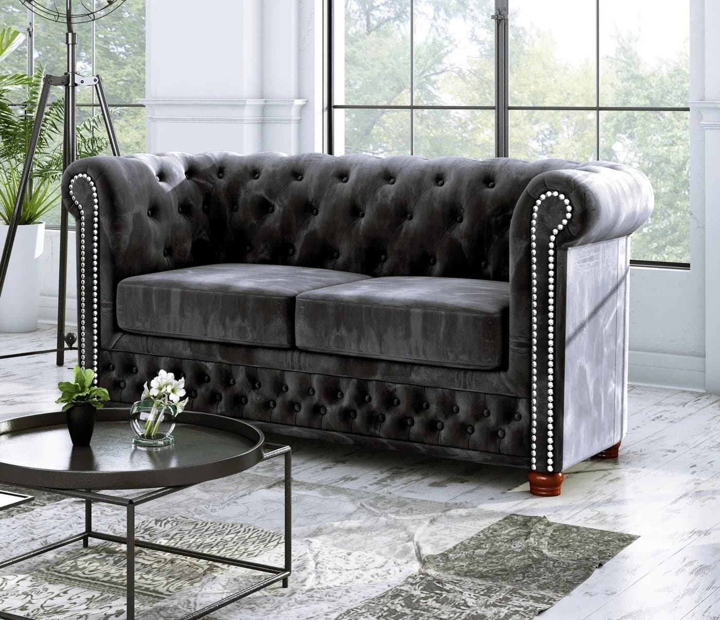 S-Style Möbel Chesterfield-Sofa Leeds 2-Sitzer Schwarz Samt - Bild 2