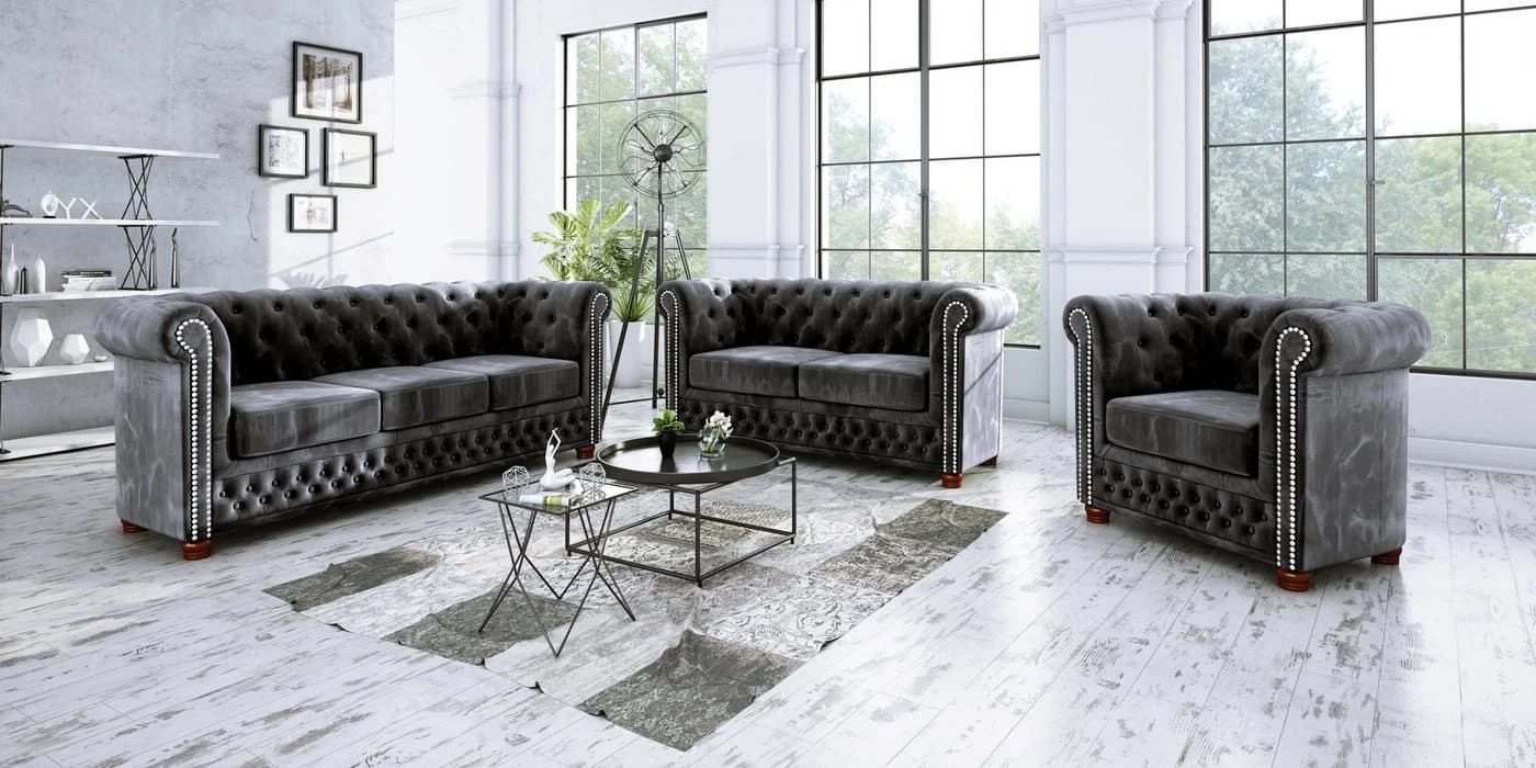 S-Style Möbel Chesterfield-Sofa Leeds 2-Sitzer Schwarz Samt - Bild 3