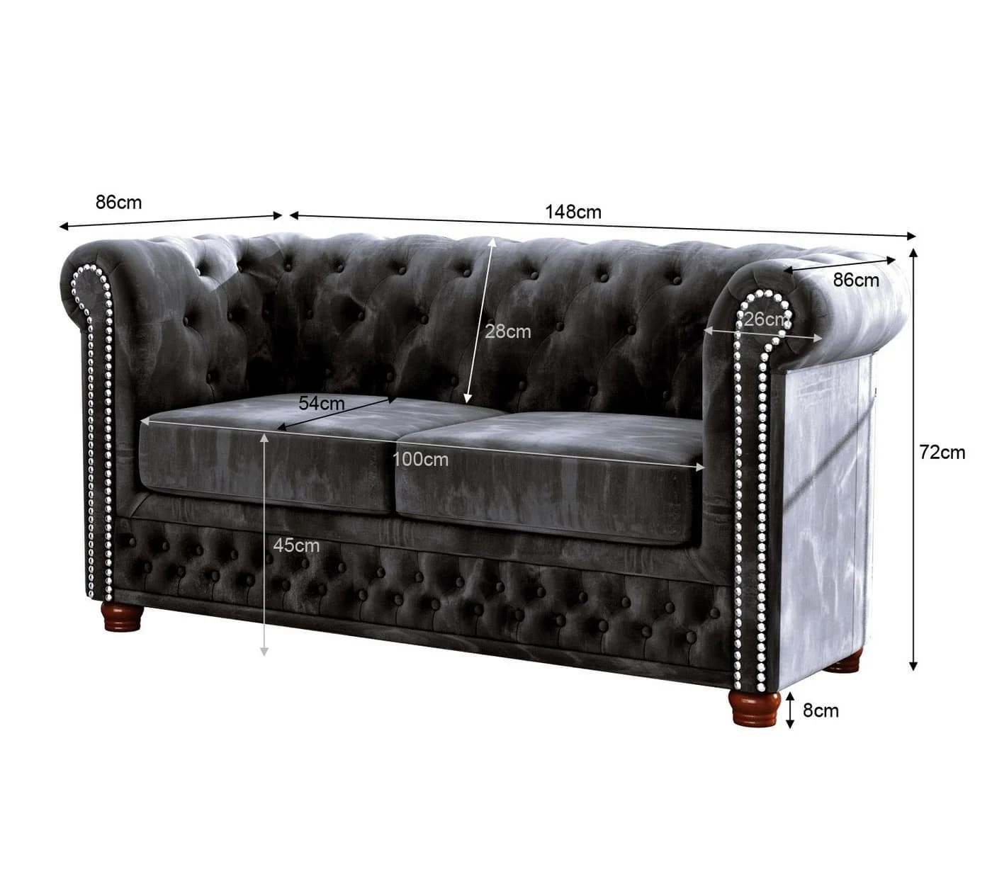 S-Style Möbel Chesterfield-Sofa Leeds 2-Sitzer Schwarz Samt - Bild 5