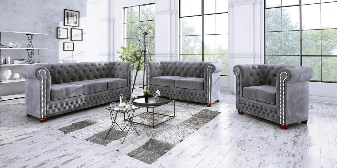 S-Style Möbel Chesterfield-Sessel Leeds Grau Samt Holzfüße - Bild 3