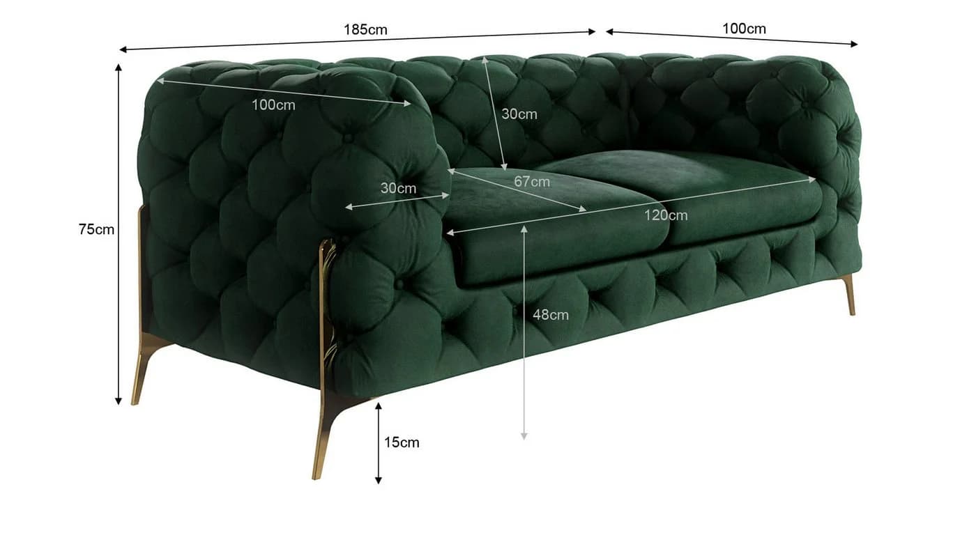 S-Style Möbel Chesterfield-Sofa 2-Sitzer Ashley Grün mit goldenen Metallfüßen - Bild 5