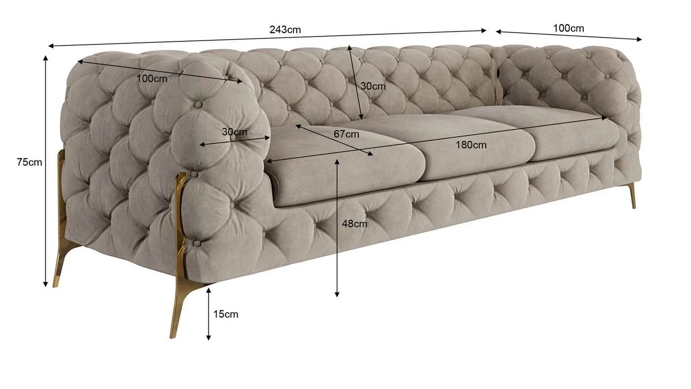 S-Style Möbel Chesterfield-Sofa 3-Sitzer Ashley Beige Gold Metallfüße - Bild 5