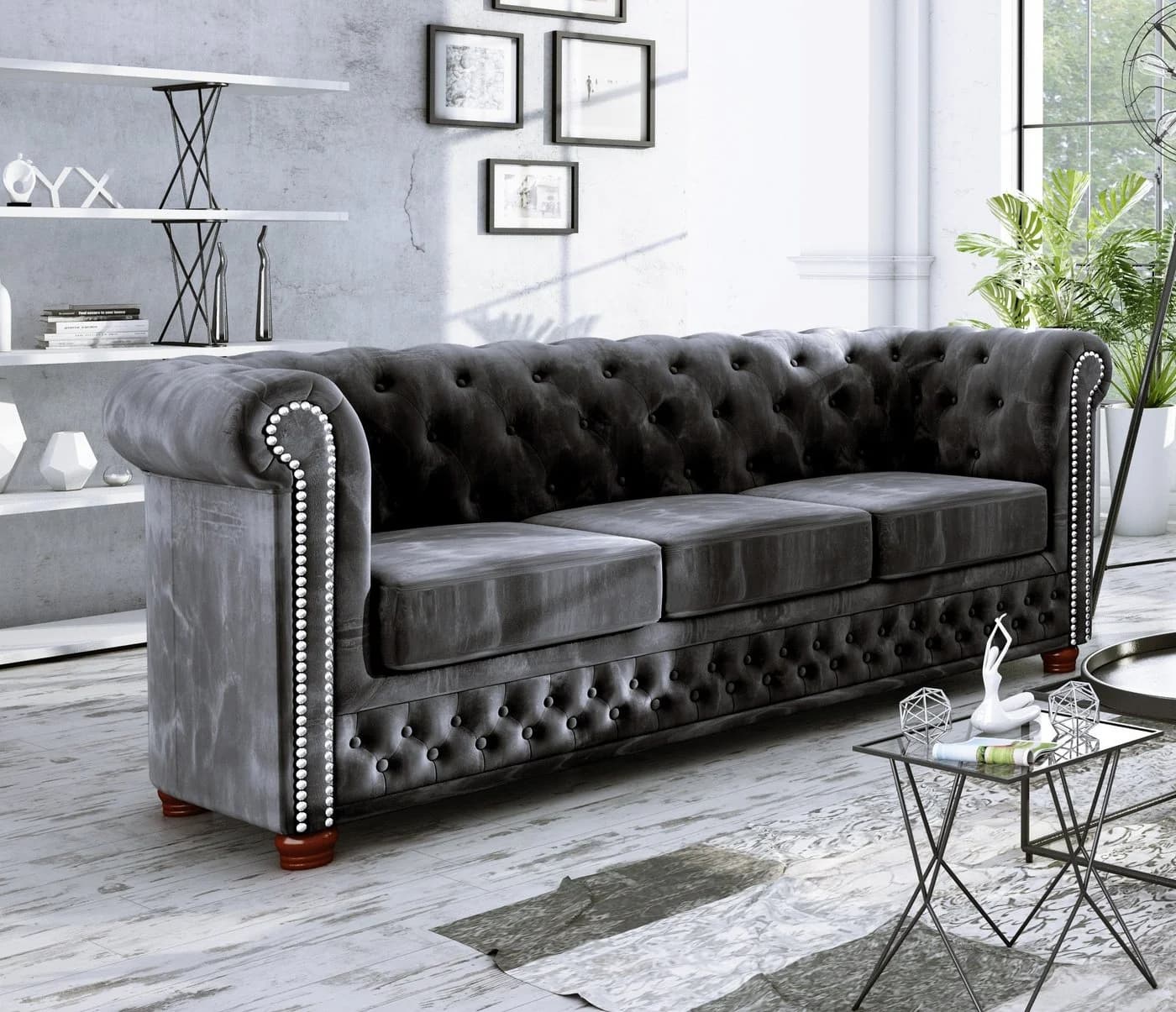 S-Style Möbel Polstergarnitur Chesterfield Leeds 3+2+1 Schwarz Samt - Bild 3