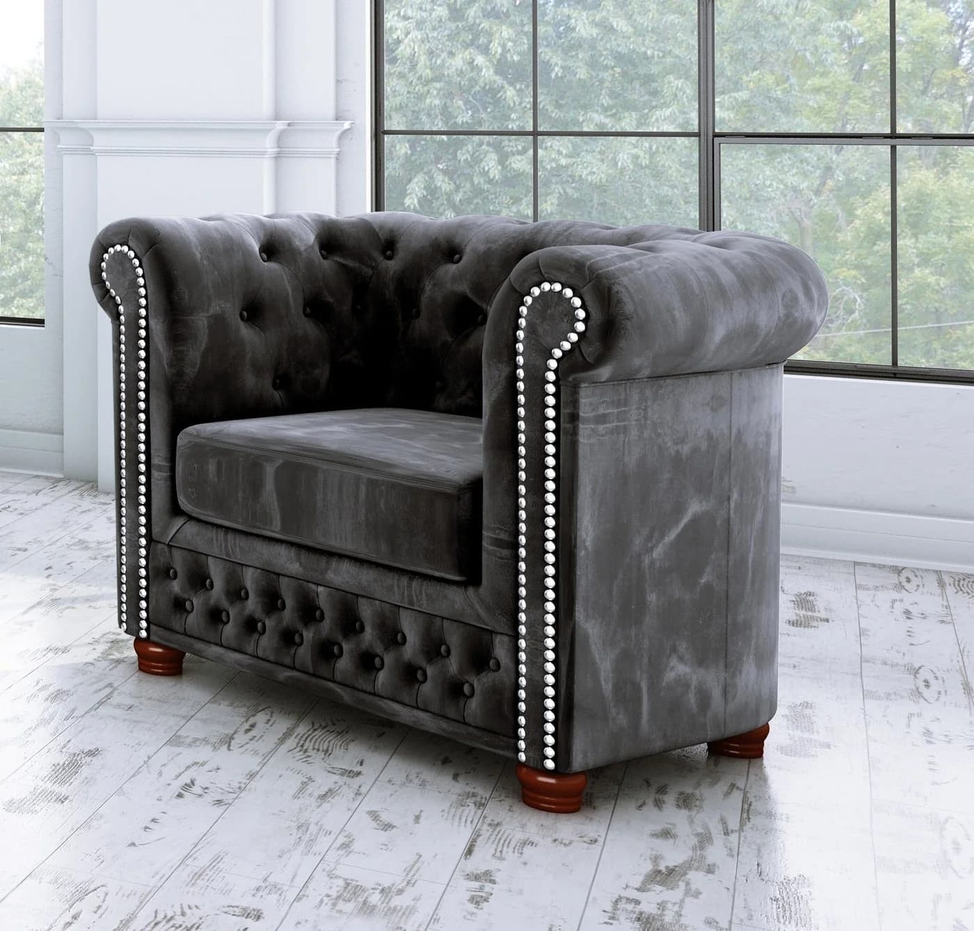 S-Style Möbel Polstergarnitur Chesterfield Leeds 3+2+1 Schwarz Samt - Bild 5