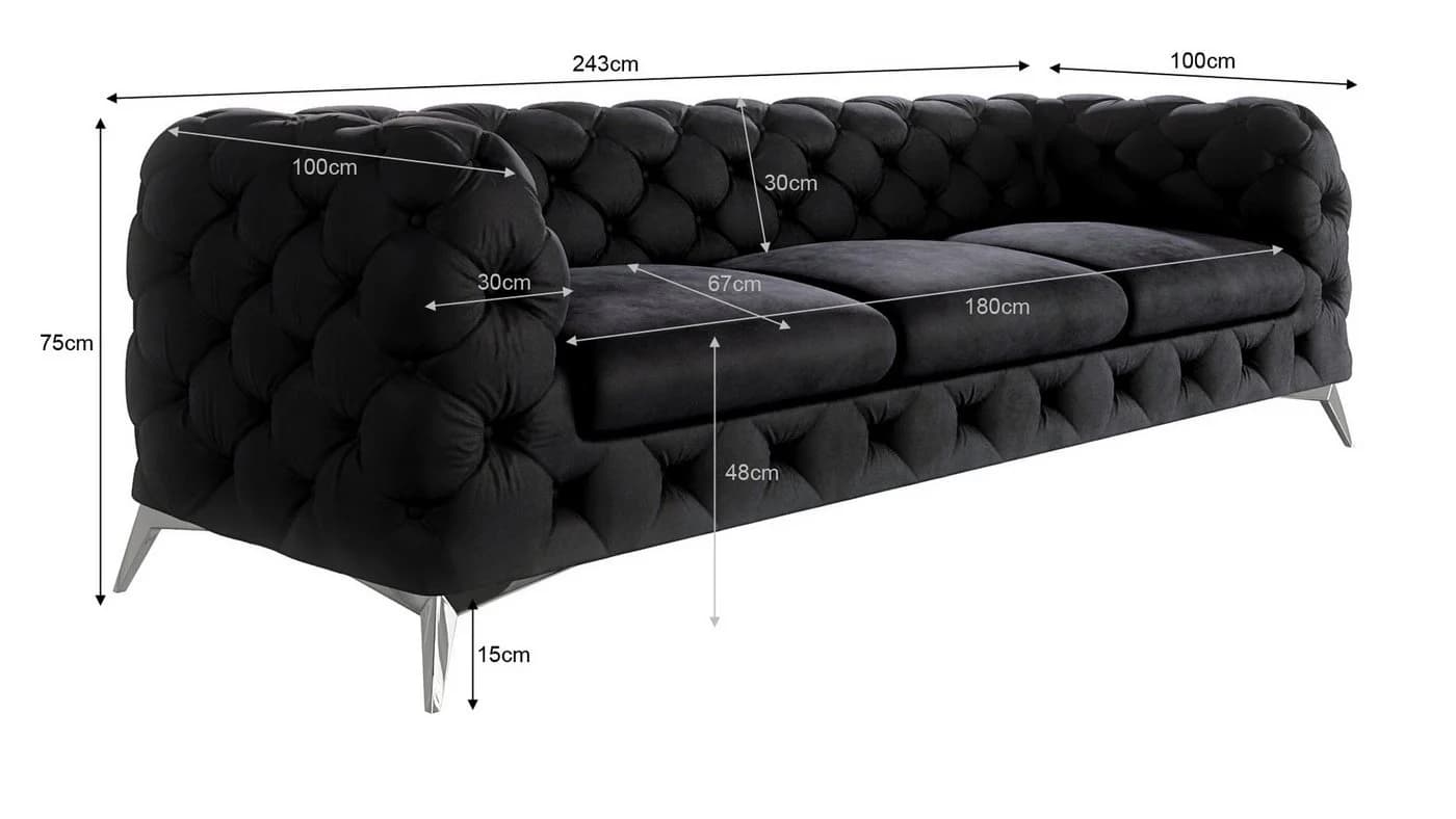 S-Style Möbel Chesterfield-Sofa Kalina 3-Sitzer Samt Schwarz - Bild 4