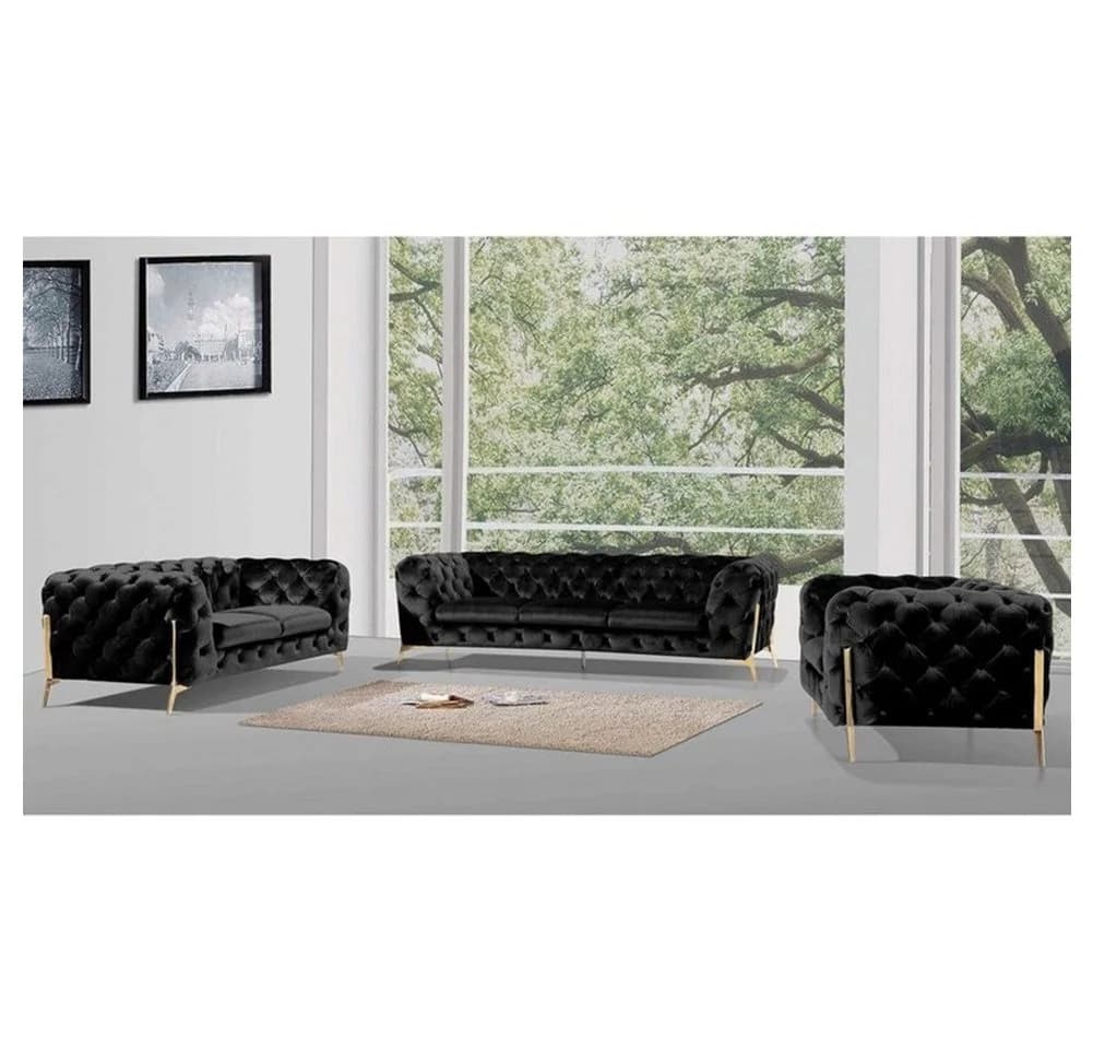 S-Style Möbel Chesterfield Sofa-Set Schwarz Samt mit Goldenen Metallfüßen - Bild 2