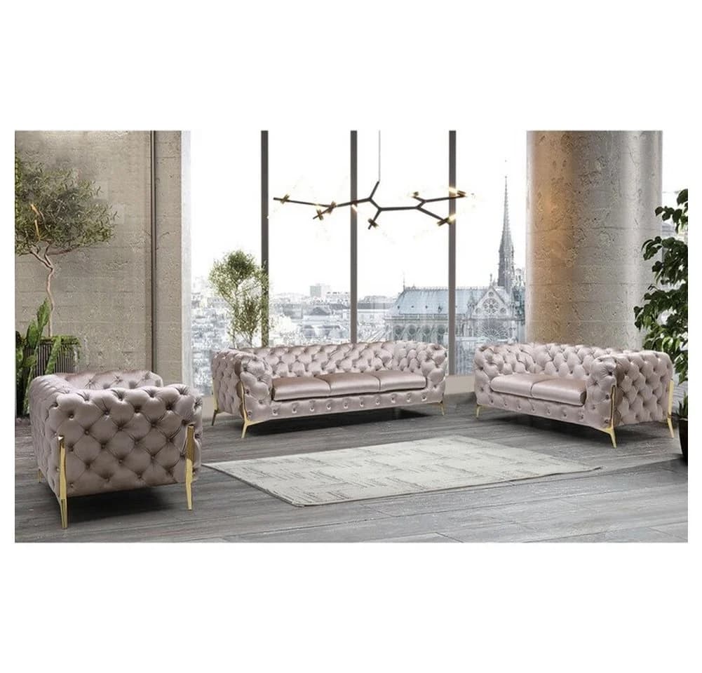 S-Style Möbel Polstergarnitur Ashley 3+2+1 Chesterfield Samt Beige/Gold - Bild 2