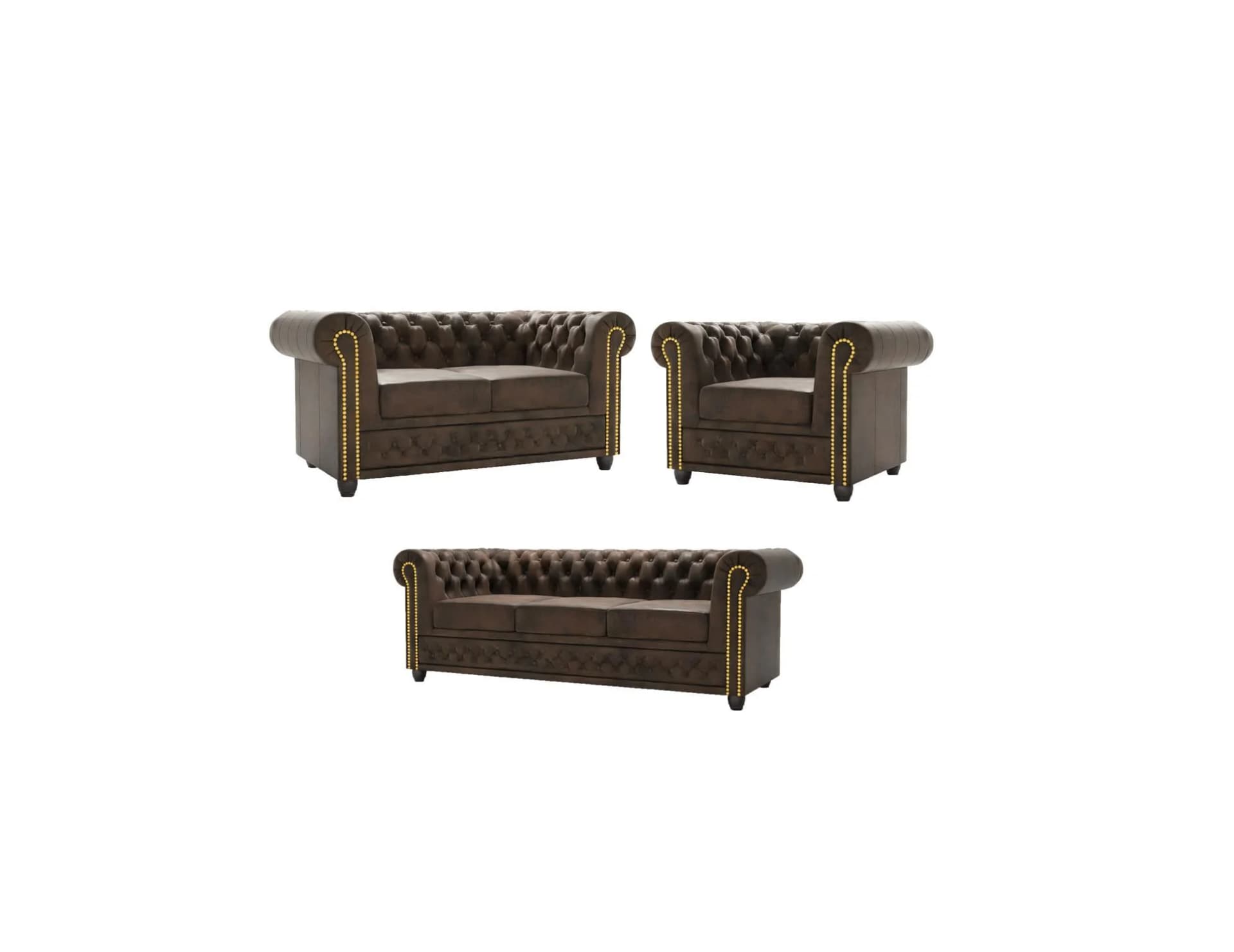 Chesterfield Sofa-Set 3+2+1 Schlaffunktion Dunkelbraun Microfaser Vintage