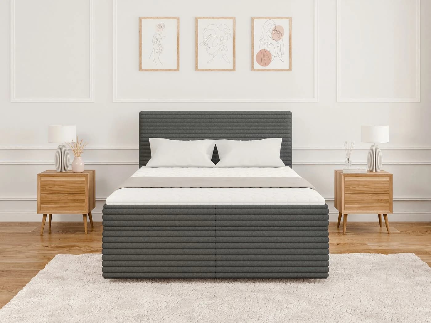 S-Style Möbel Boxspringbett Jasper mit Topper und Bettkasten Plüschcord Grau