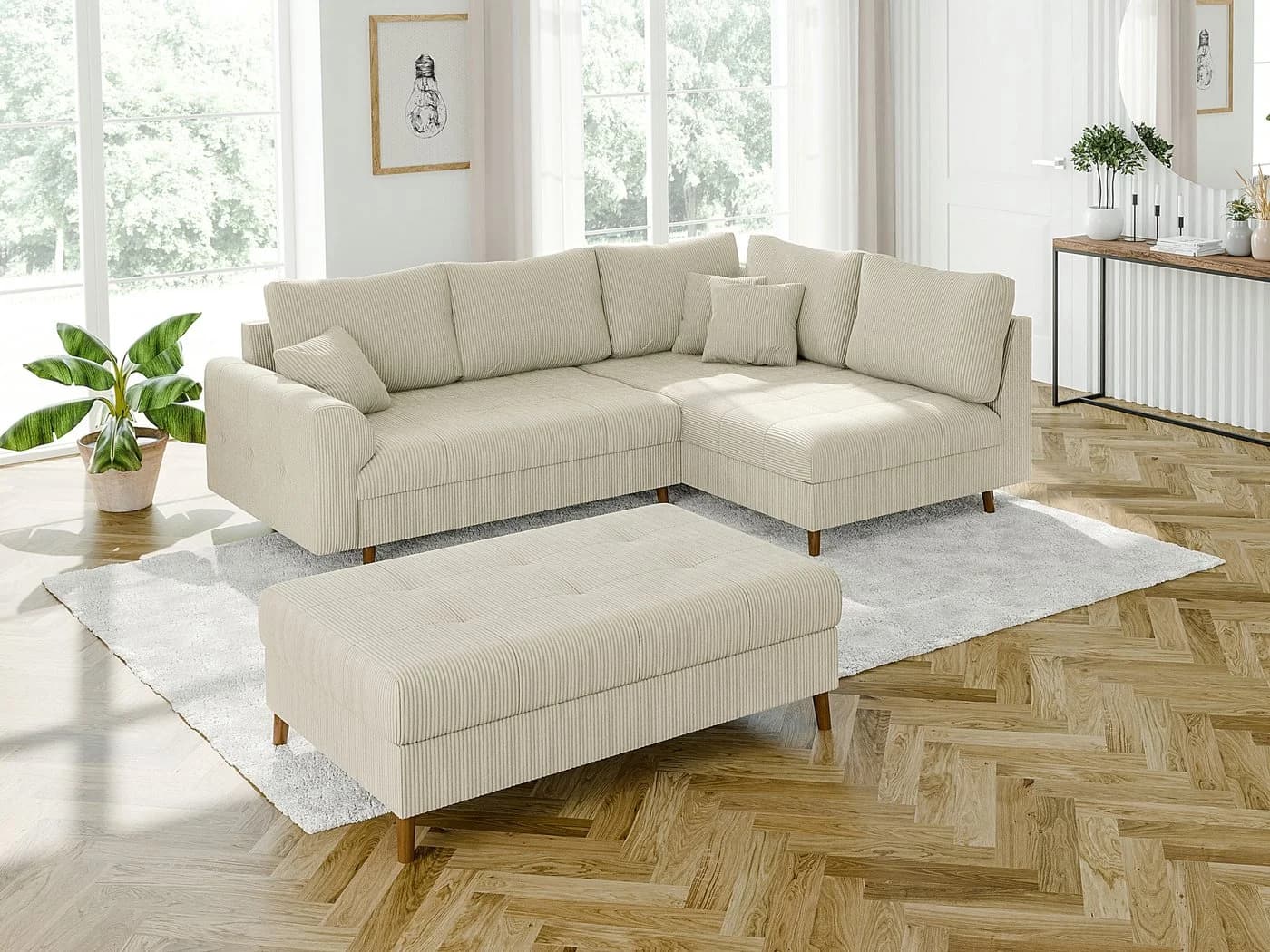 S-Style Möbel Ecksofa Zara mit Hocker und Schlaffunktion Cord Beige - Bild 2