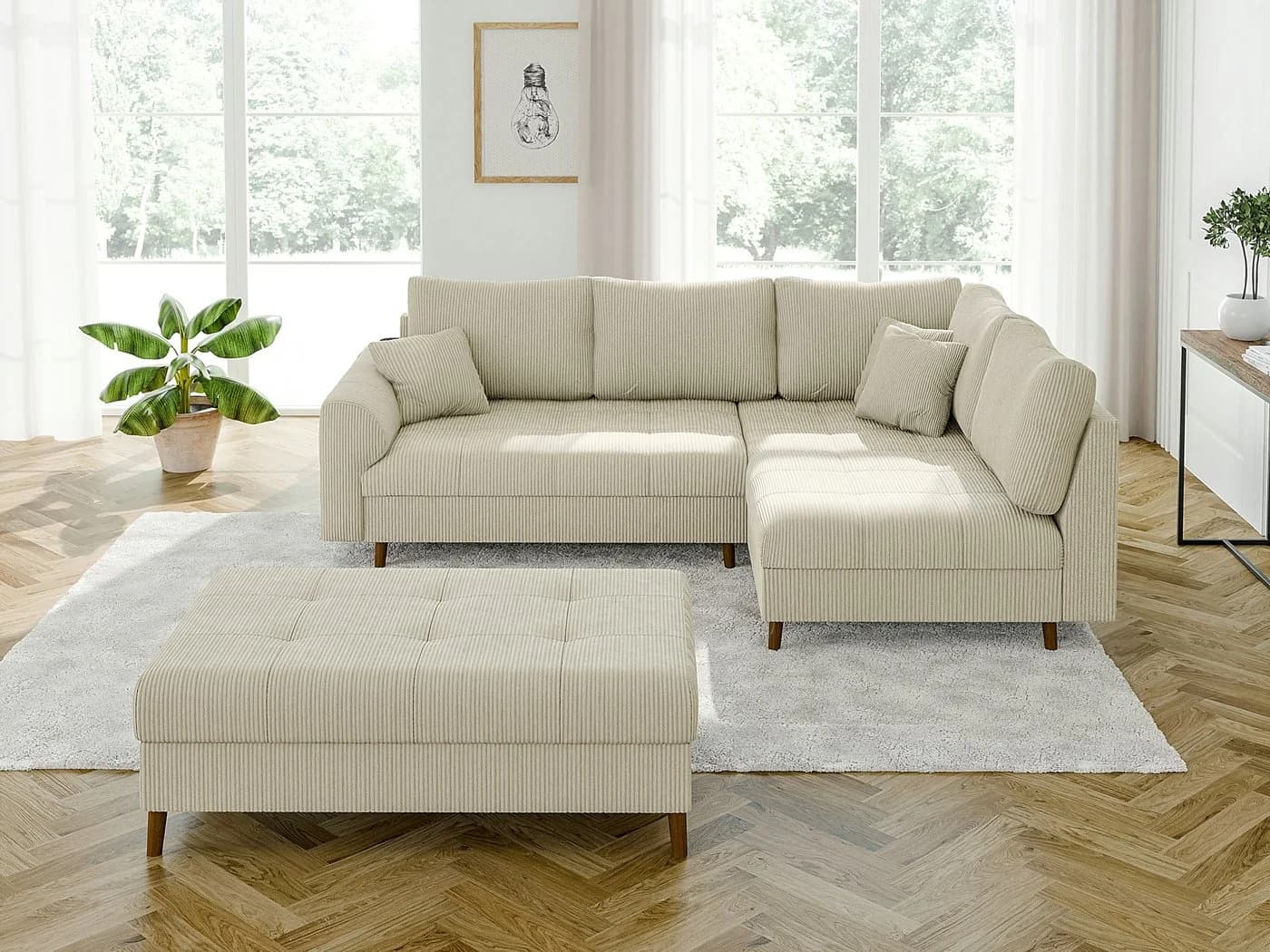 S-Style Möbel Ecksofa Zara mit Hocker und Schlaffunktion Cord Beige - Bild 3