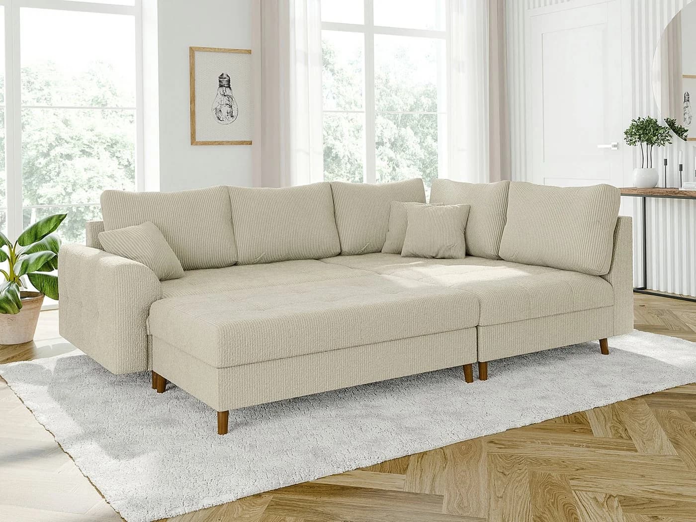 S-Style Möbel Ecksofa Zara mit Hocker und Schlaffunktion Cord Beige - Bild 4