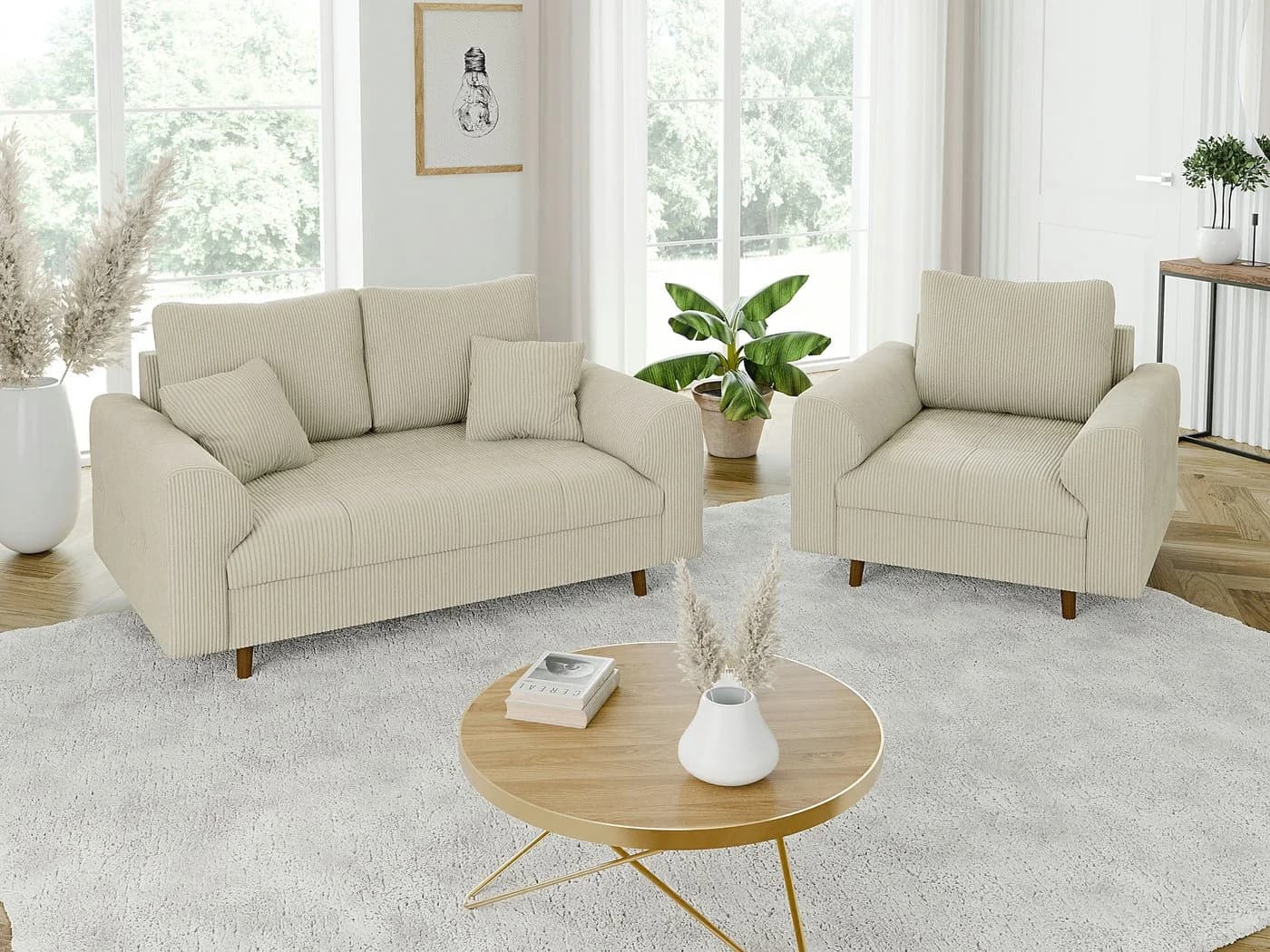S-Style Möbel Sessel Zara Cord-Stoff Skandinavisch Beige/Braun - Bild 5