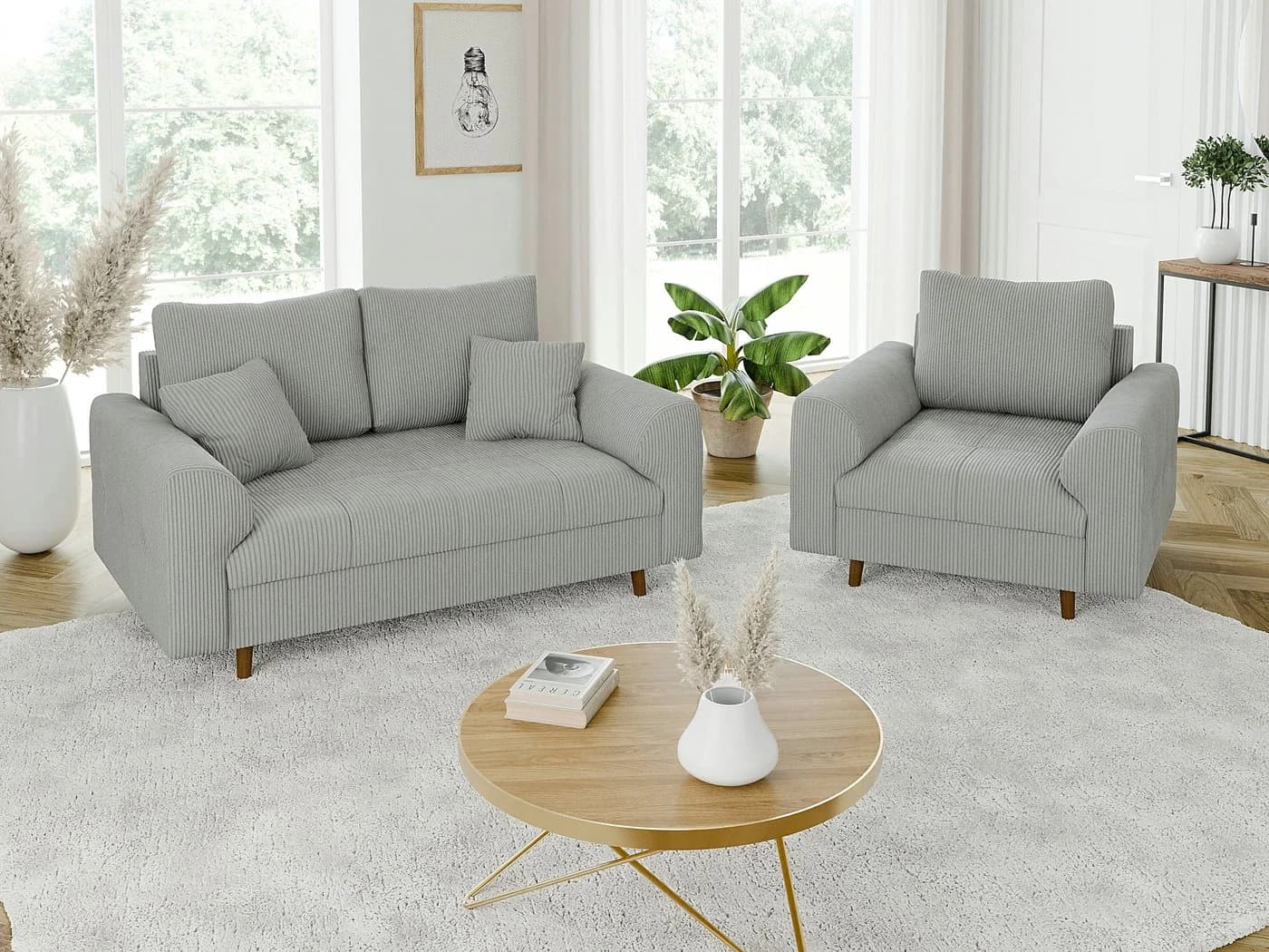 S-Style Möbel 2-Sitzer Sofa Zara Cord Grau Skandinavisch - Bild 5