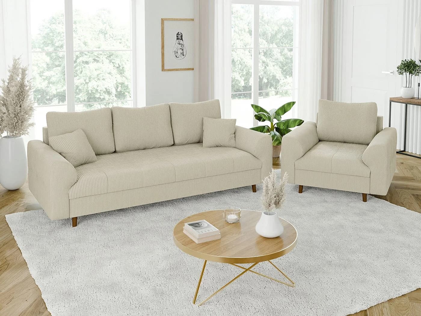 S-Style Möbel Polstergarnitur 3+1 Zara Beige Cord-Stoff Skandinavisch - Bild 2