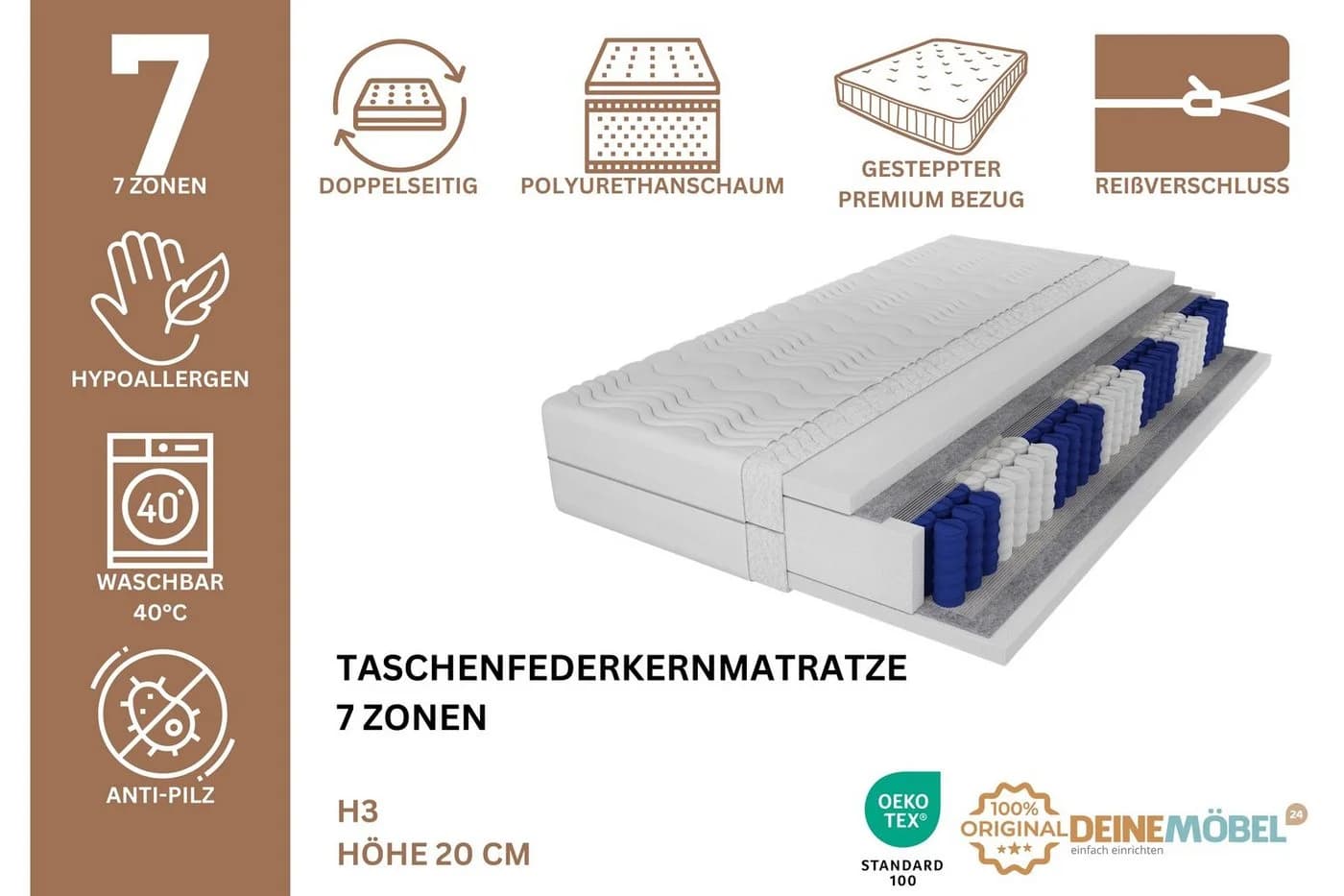 Deine Möbel 24 Taschenfederkernmatratze 7 Zonen H3 Schwarz/Weiß