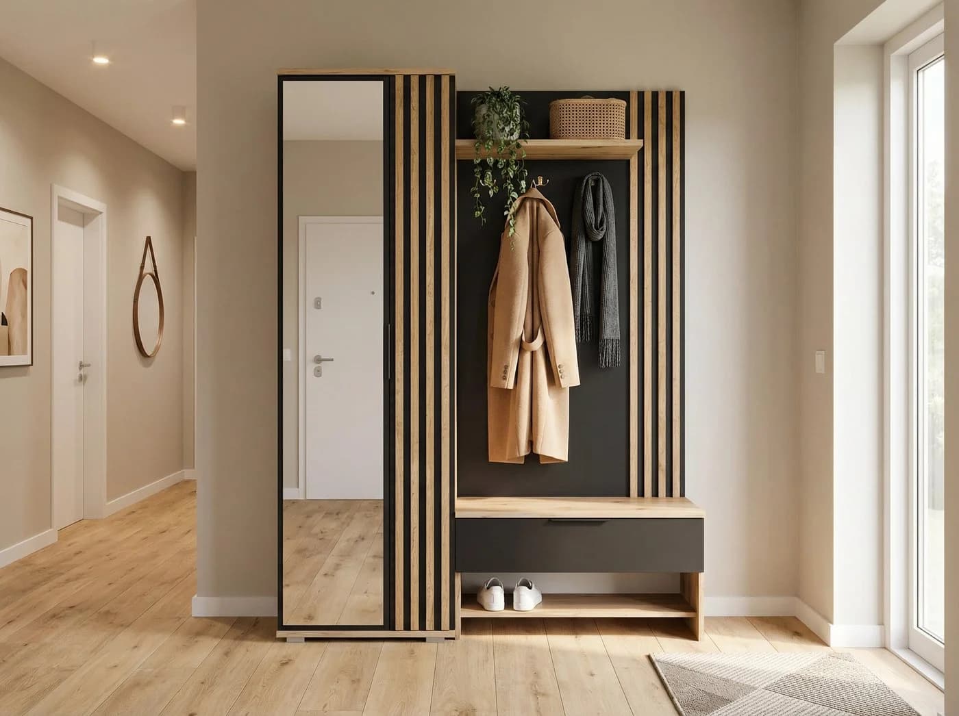 COMBO Kompaktgarderobe 140cm mit Sitzbank, Schublade & Haken
