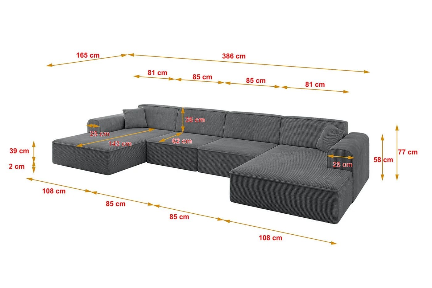 ALTDECOR Wohnlandschaft IREA-U2-v3 U-Form Eckcouch Cord Dunkelgrau - Bild 4