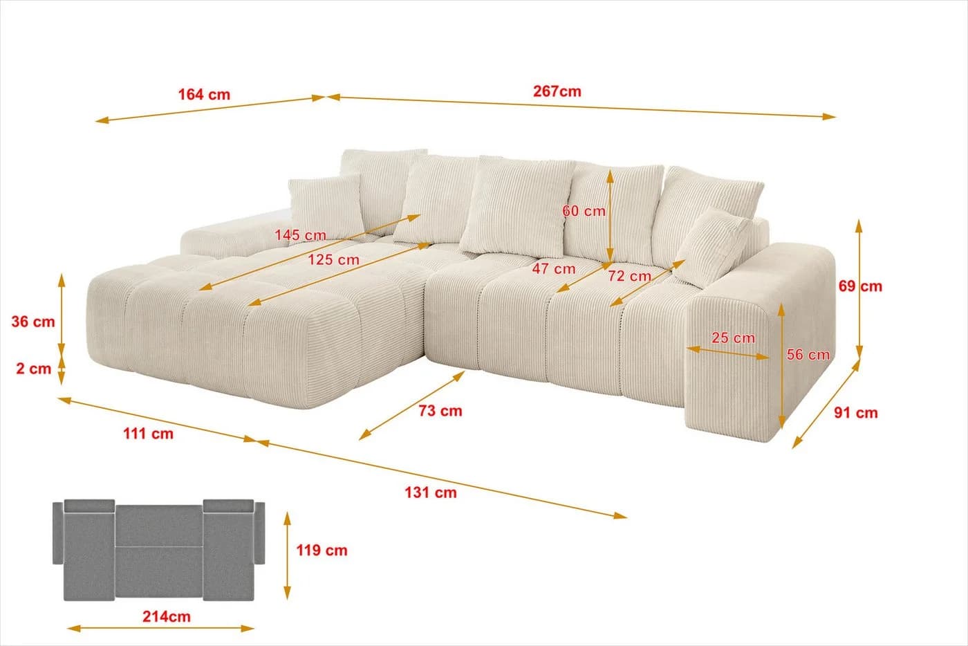 ALTDECOR Ecksofa ENSI-L L-Form mit Schlaffunktion Beige - Bild 4