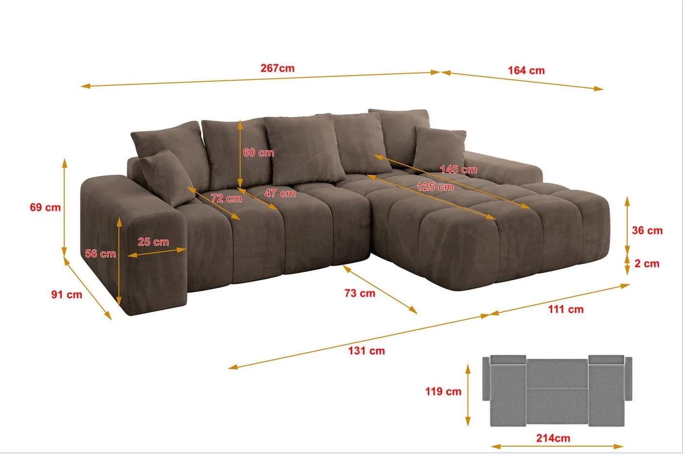 ALTDECOR Ecksofa ENSI-L mit Schlaffunktion und Bettkasten Braun Samt - Bild 4