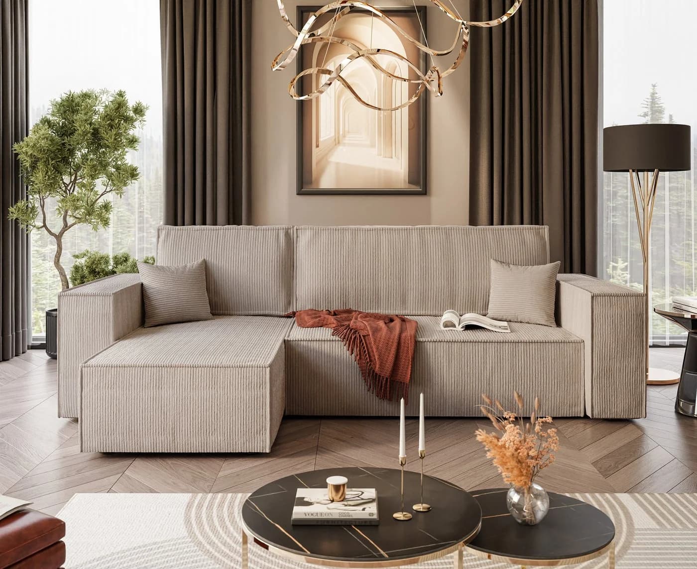 Lookway Ecksofa CARLOS L-Form Cord-Stoff Beige mit Schlaffunktion - Bild 2