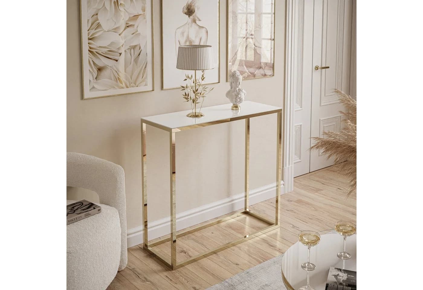Lookway Konsolentisch Modern Glass Goldfarbenes Gestell 80/100 cm