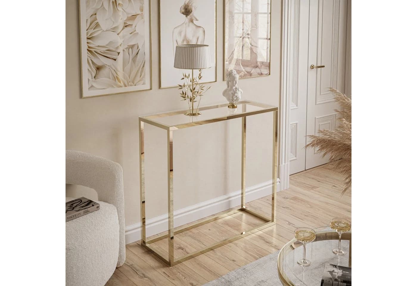 Lookway Konsolentisch Modern Glass Goldfarbenes Metallgestell