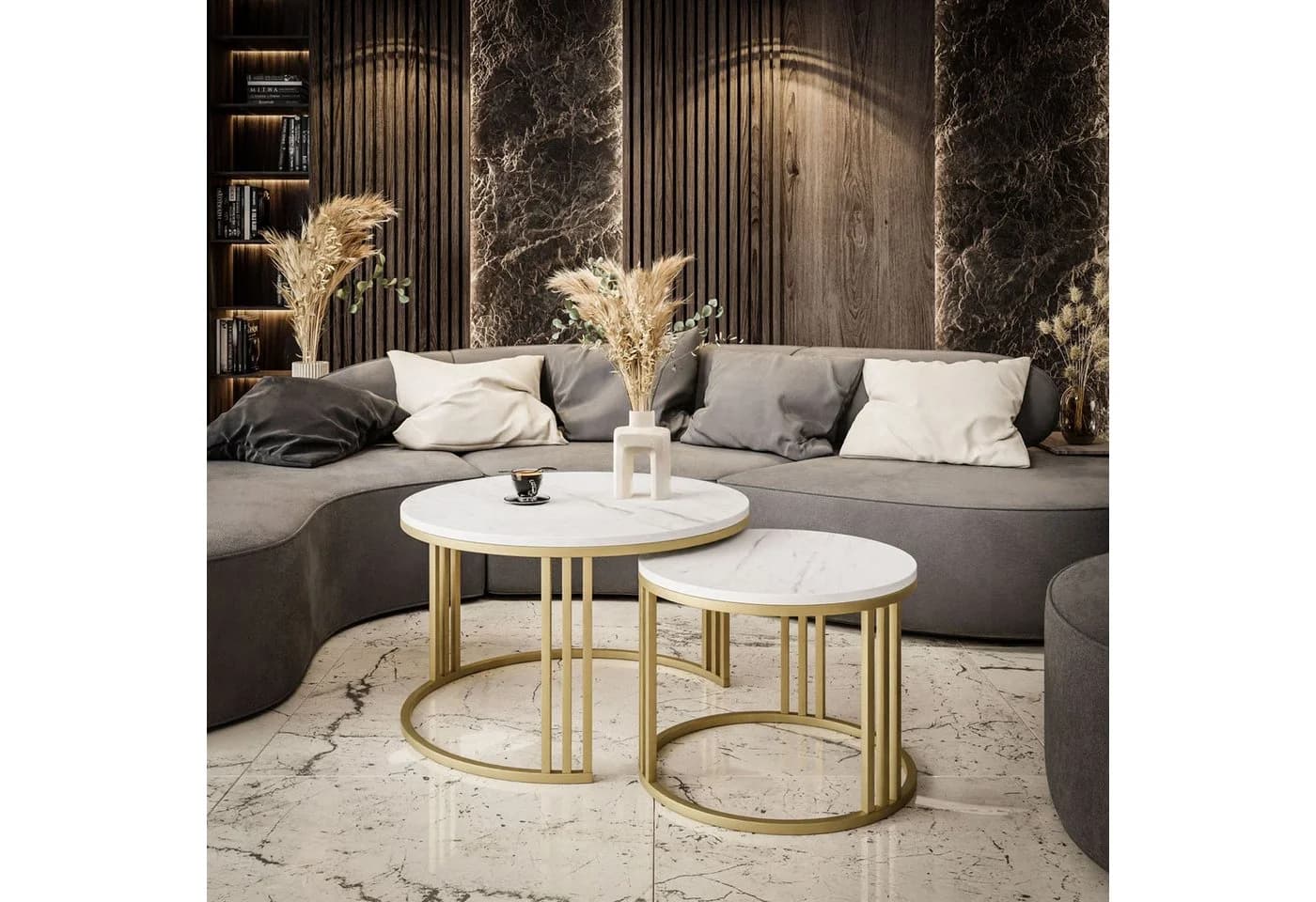 Lookway Couchtisch LORI 2in1 LEVANTO GOLD runder Couchtisch (2er Set) 70 cm und 50 cm