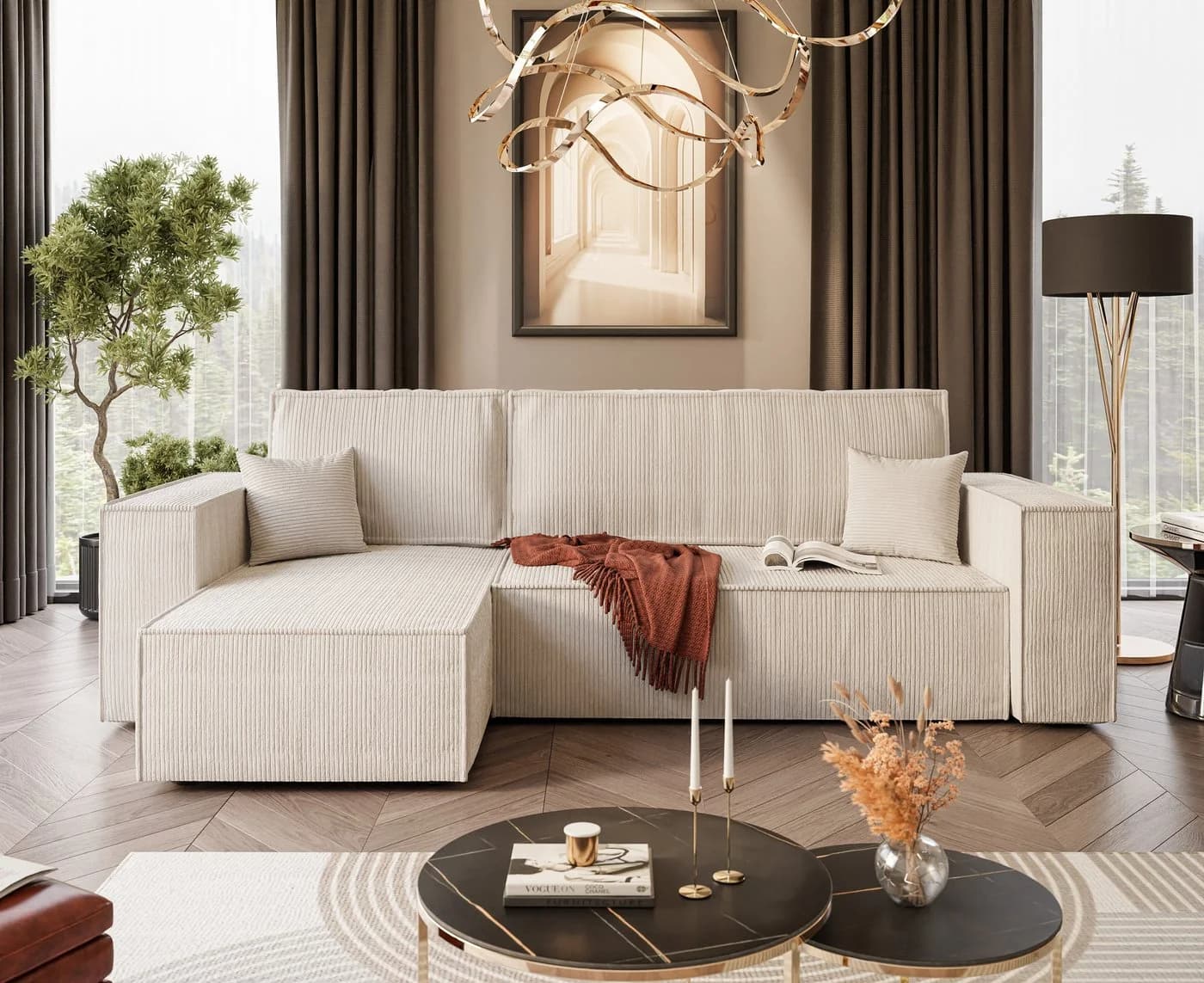 Lookway Ecksofa CARLOS L-Form Beige Cord mit Schlaffunktion - Bild 2