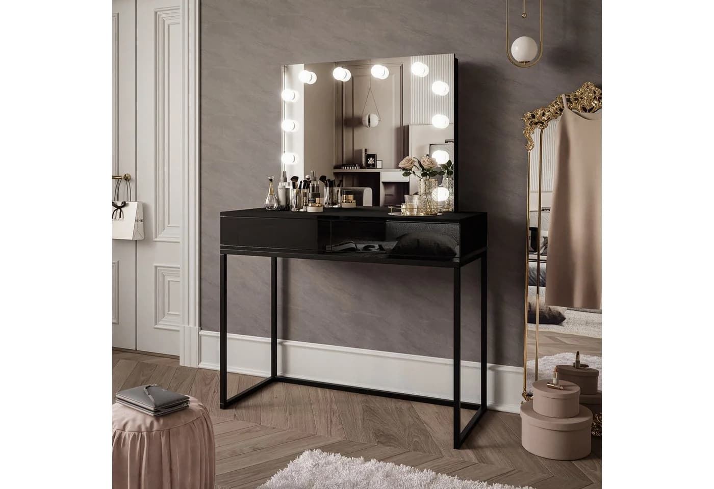 Lookway Schminktisch BLANCO LOFT ELITE mit LED-Spiegel und Schubladen Schwarz