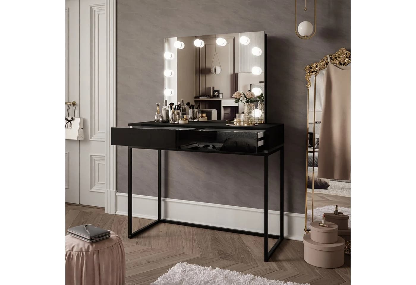 Lookway Schminktisch BLANCO LOFT ELITE mit LED-Spiegel und Schubladen Schwarz - Bild 3