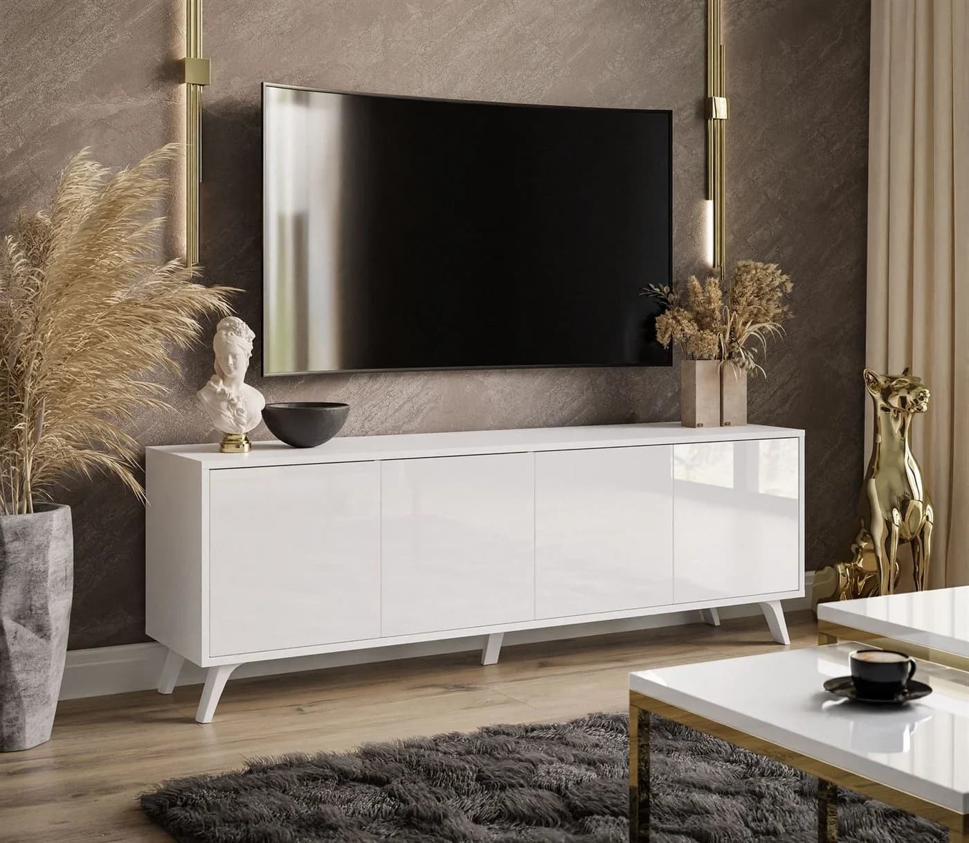 Lookway TV-Schrank SANAYI auf Beinen Weiß Hochglanz