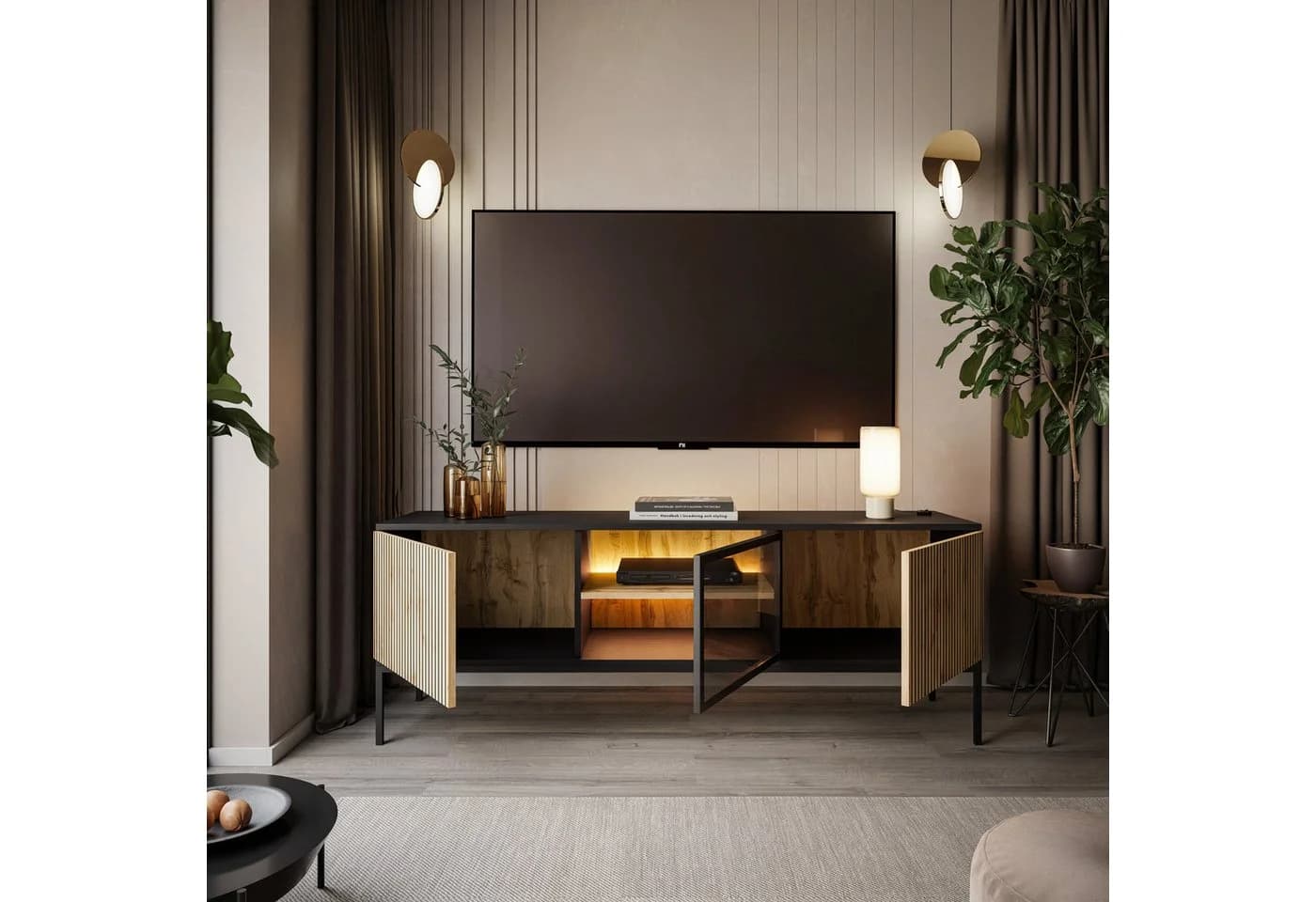 Lookway Lowboard RTV ECLIPSE 154 Schrank Eiche Schwarz mit LED - Bild 4