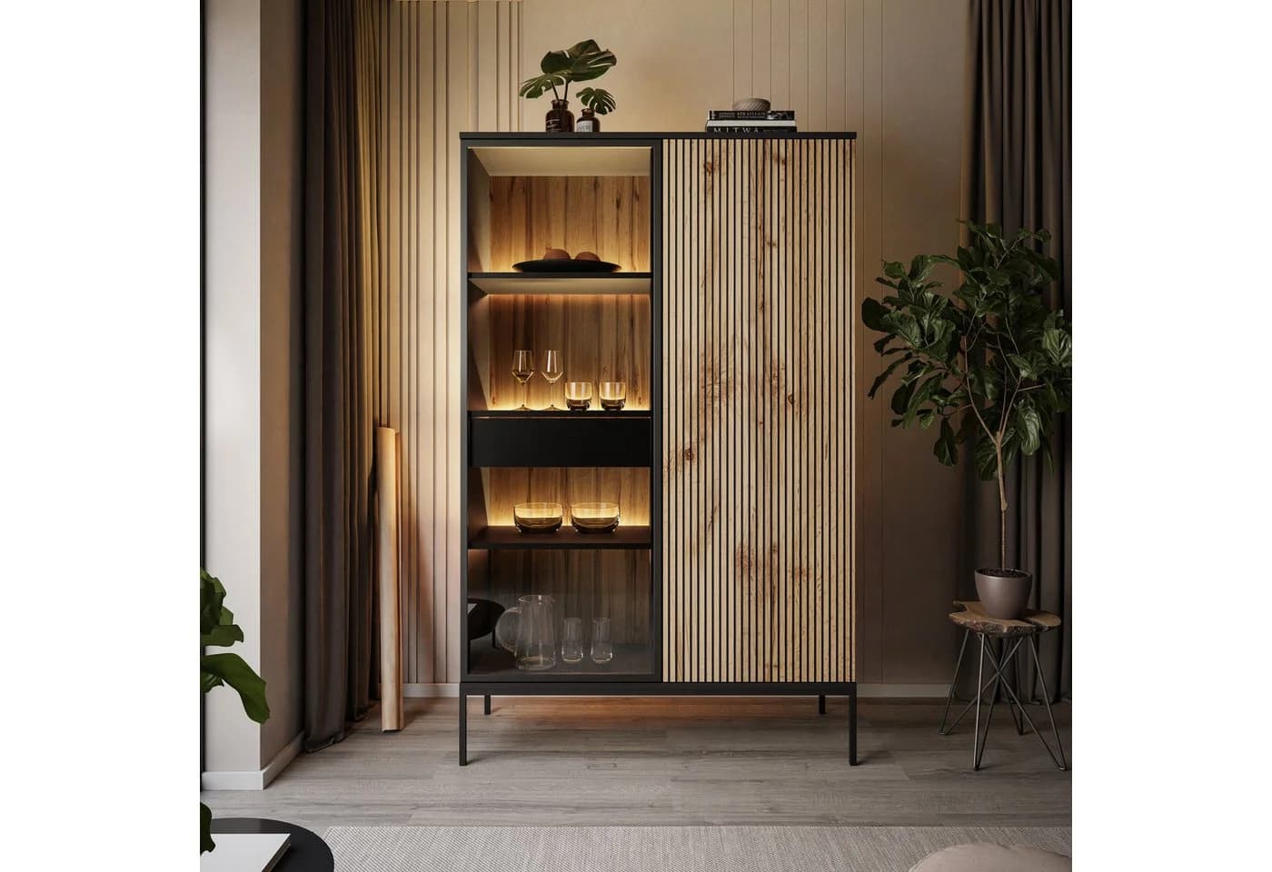 Lookway Hochschrank ECLIPSE Vitrine mit LED-Beleuchtung Eiche Schwarz