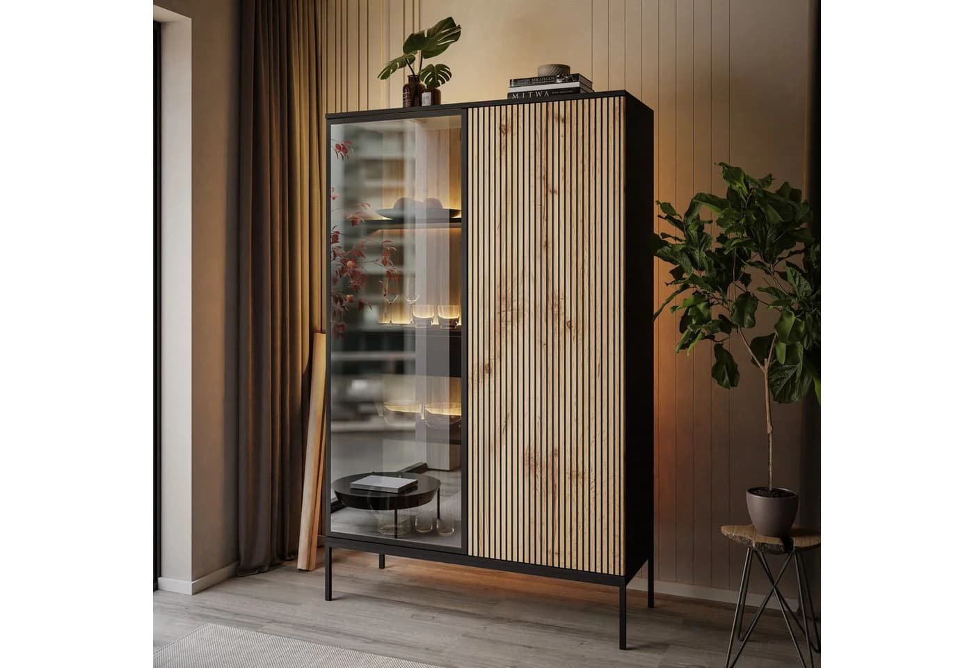 Lookway Hochschrank ECLIPSE Vitrine mit LED-Beleuchtung Eiche Schwarz - Bild 3