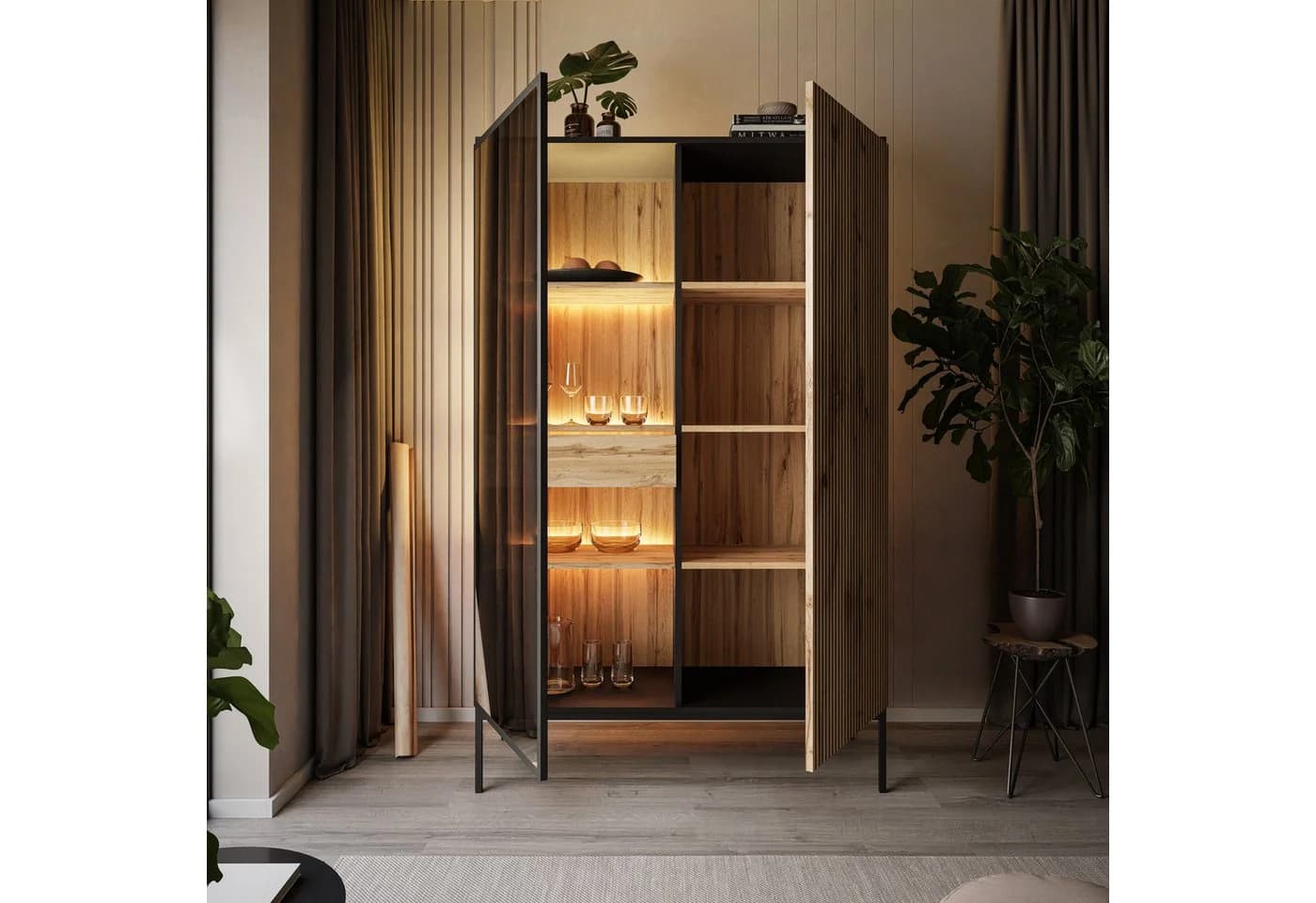 Lookway Hochschrank ECLIPSE Vitrine mit LED-Beleuchtung Eiche Schwarz - Bild 4