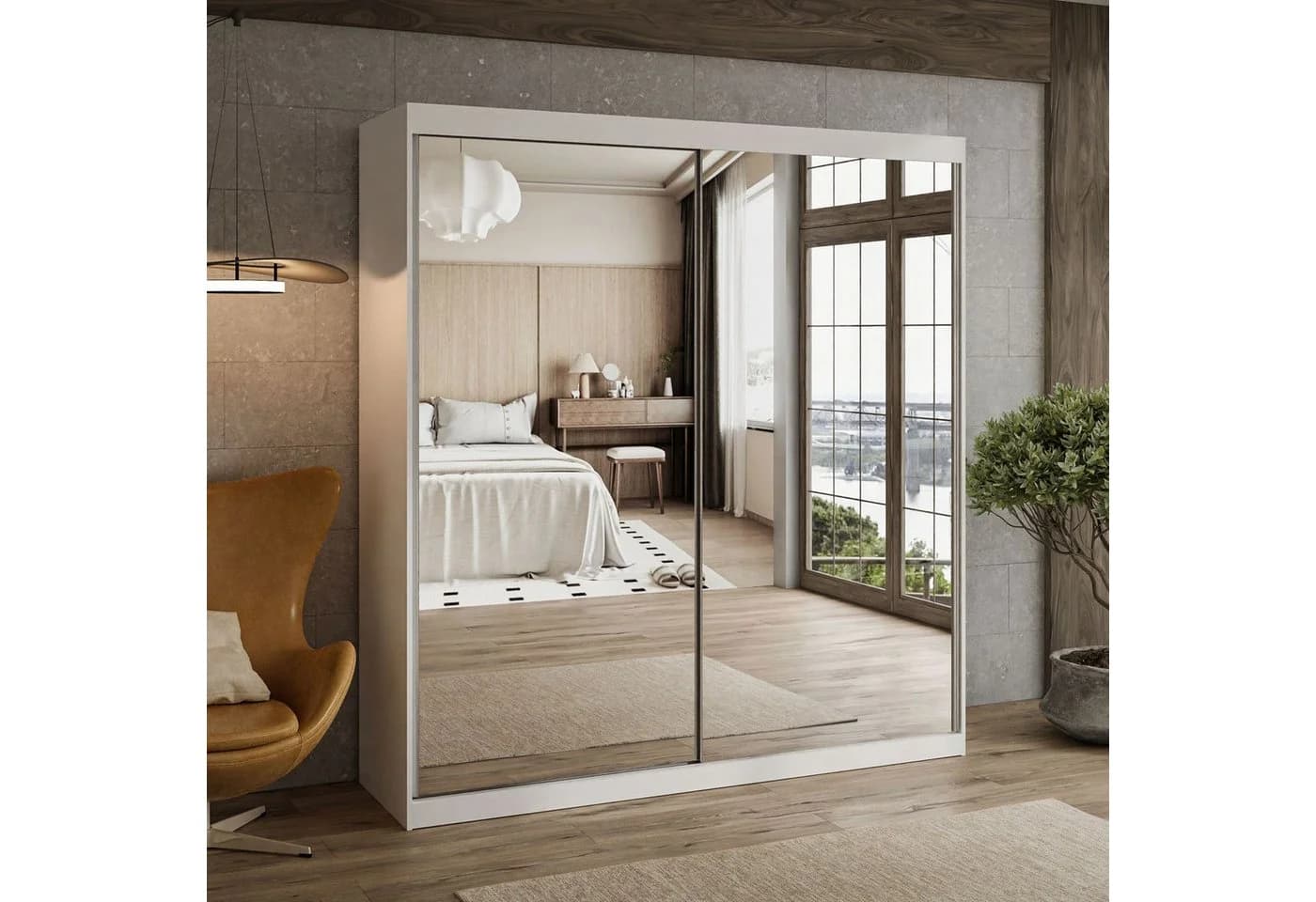 Lookway Kleiderschrank BASTER III Weiß Schiebeschrank mit Spiegel