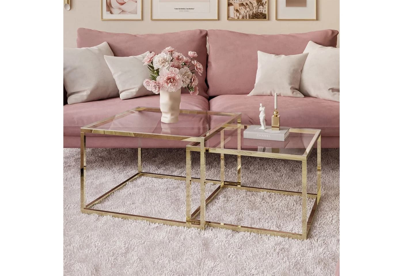 Lookway Couchtisch YOSHI GLASS 2in1 mit goldenem Chromgestell