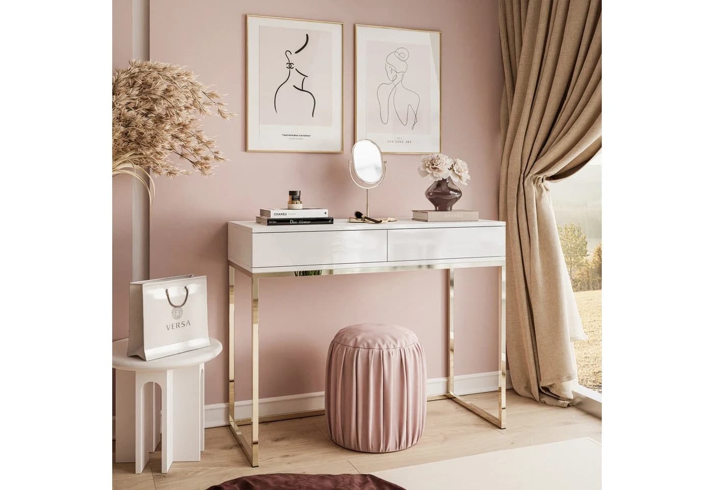 Lookway Konsolentisch BLANCO mit Schubladen, Gold Chrom Gestell