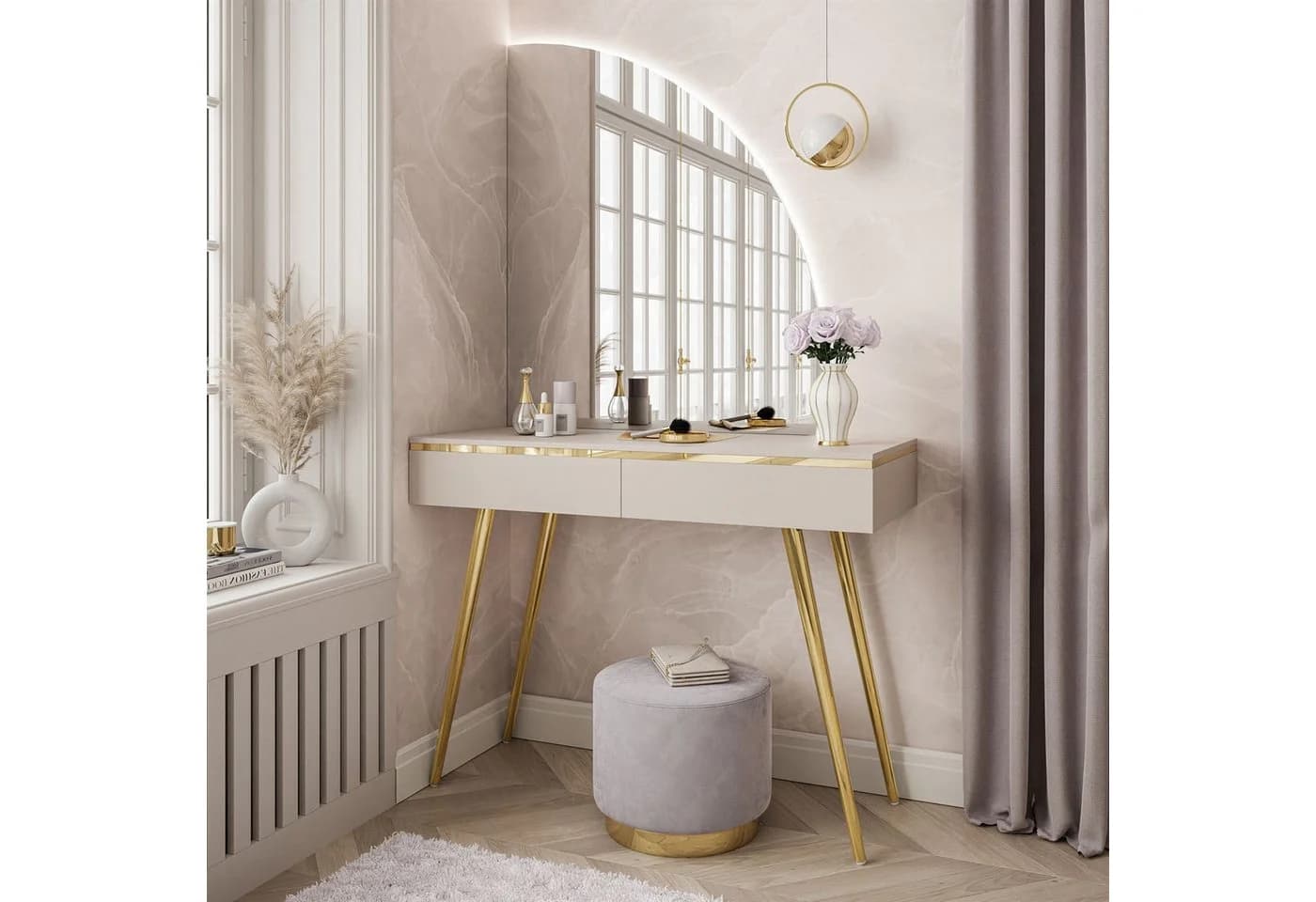 Lookway Schminktisch AURORA-SQ mit LED-Spiegel Beige/Gold