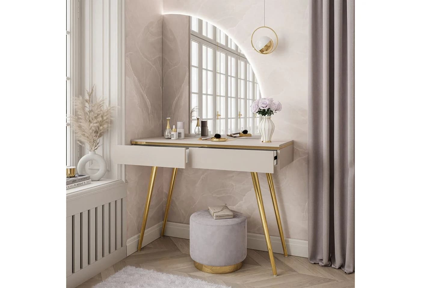 Lookway Schminktisch AURORA-SQ mit LED-Spiegel Beige/Gold - Bild 3