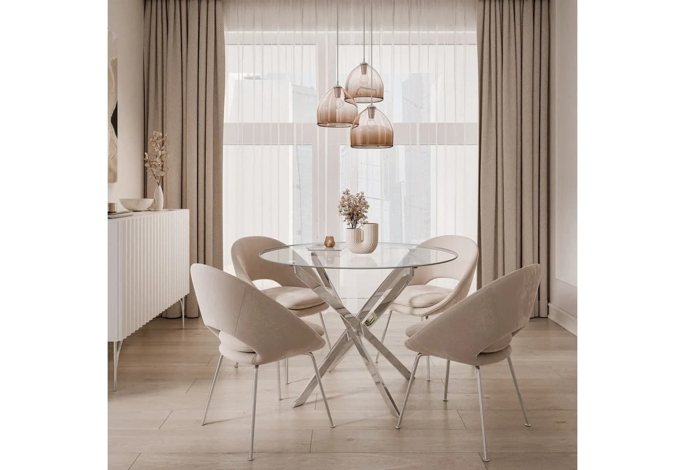 Lookway Esstisch CRISTAL 100 cm Runder Esstisch mit Glasplatte