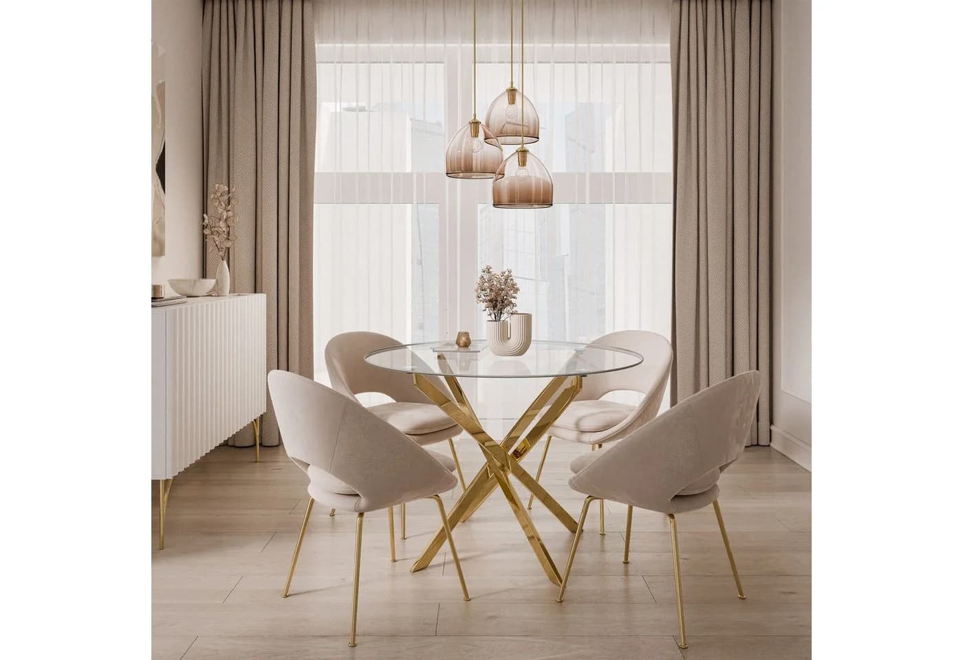 Lookway Esstisch CRISTAL 100 cm Glas Runder Tisch Gold/Silber